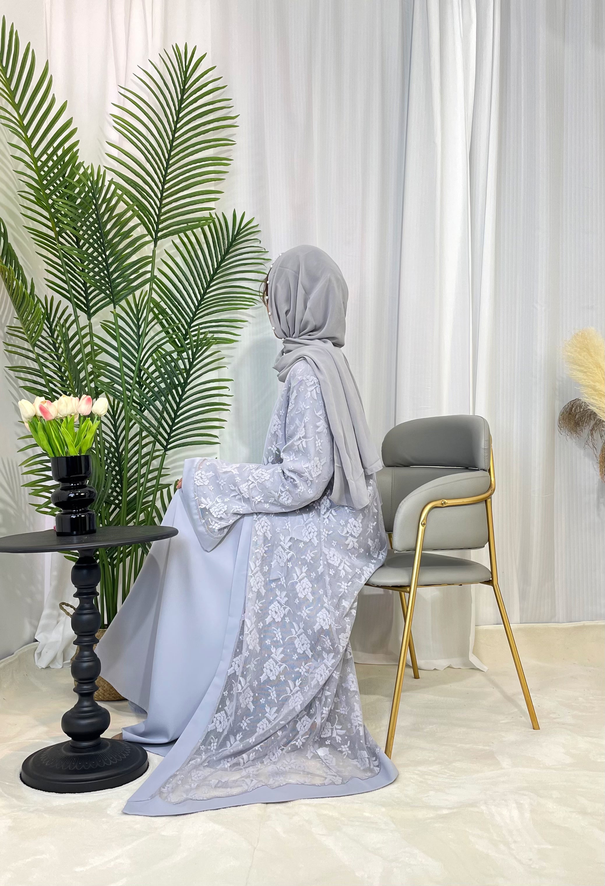CL59 Elegant Lace Two-Piece Abaya Set - Modest Muslim Dress with Inner Gown & Cardigan for Women | Perfect for Eid, Ramadan & Special Occasions