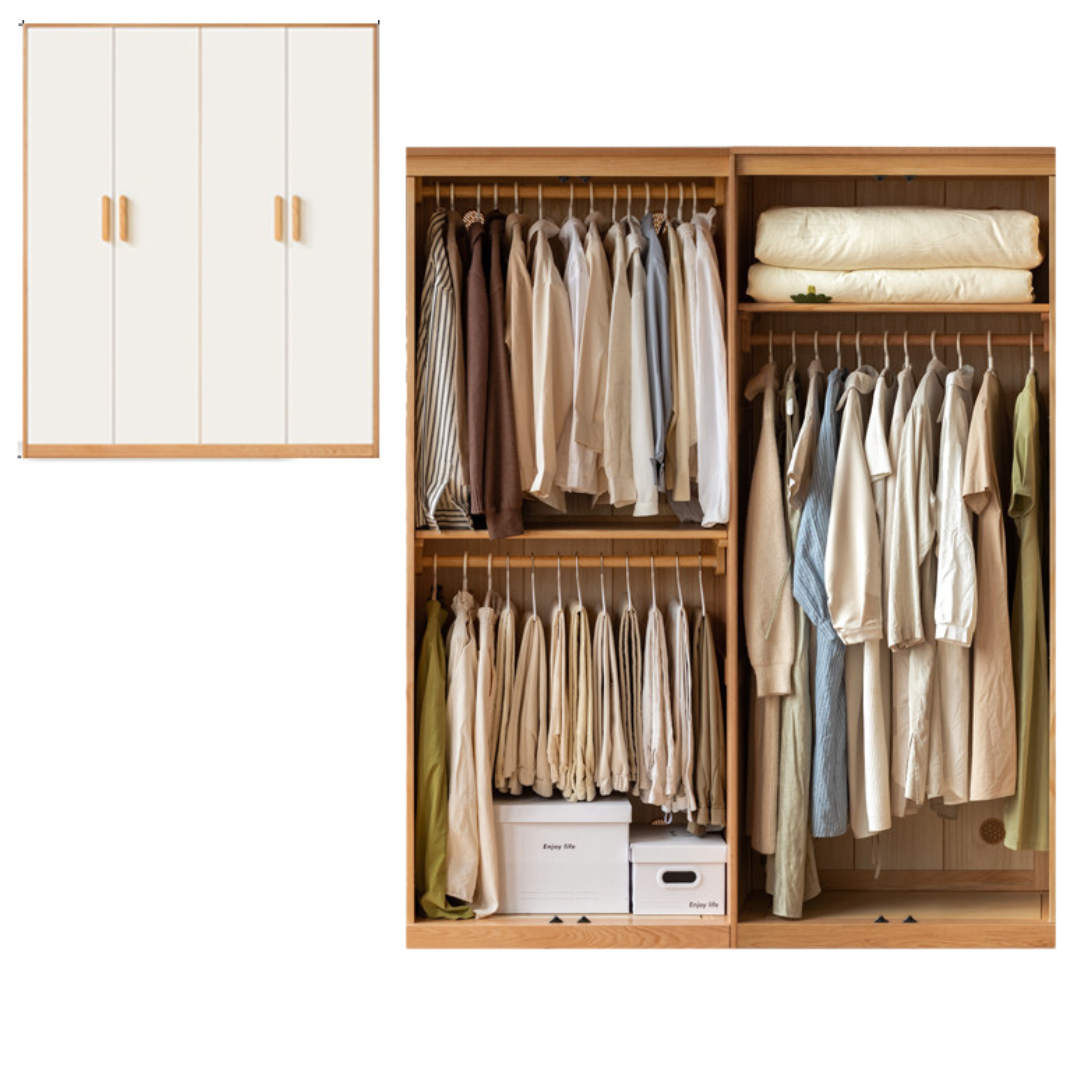 61.4x19.6x75.5 inch / 156x50x192 cm / Natural Wood Color / Wardrobe hanging clothes style