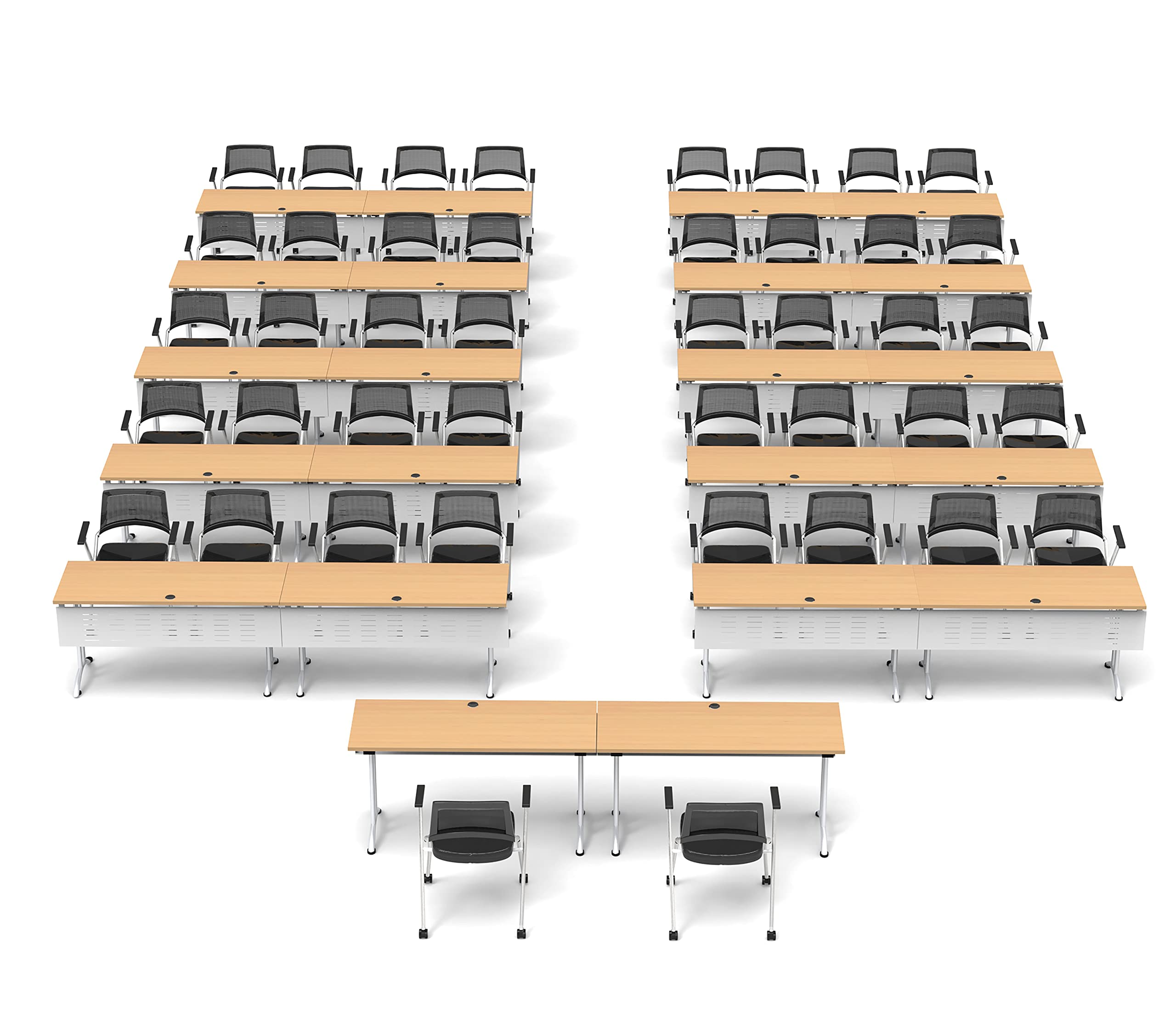 42-Person Conference Table Set - 86-Piece Folding Beechwood Training Table with Task Chairs & Modesty Panels | Connectable Tables for Classrooms, Seminars & Meetings | Space-Saving Foldable & Nestable Design for Easy Storage | Perfect for Corporate Training, School Classrooms & Event Spaces
