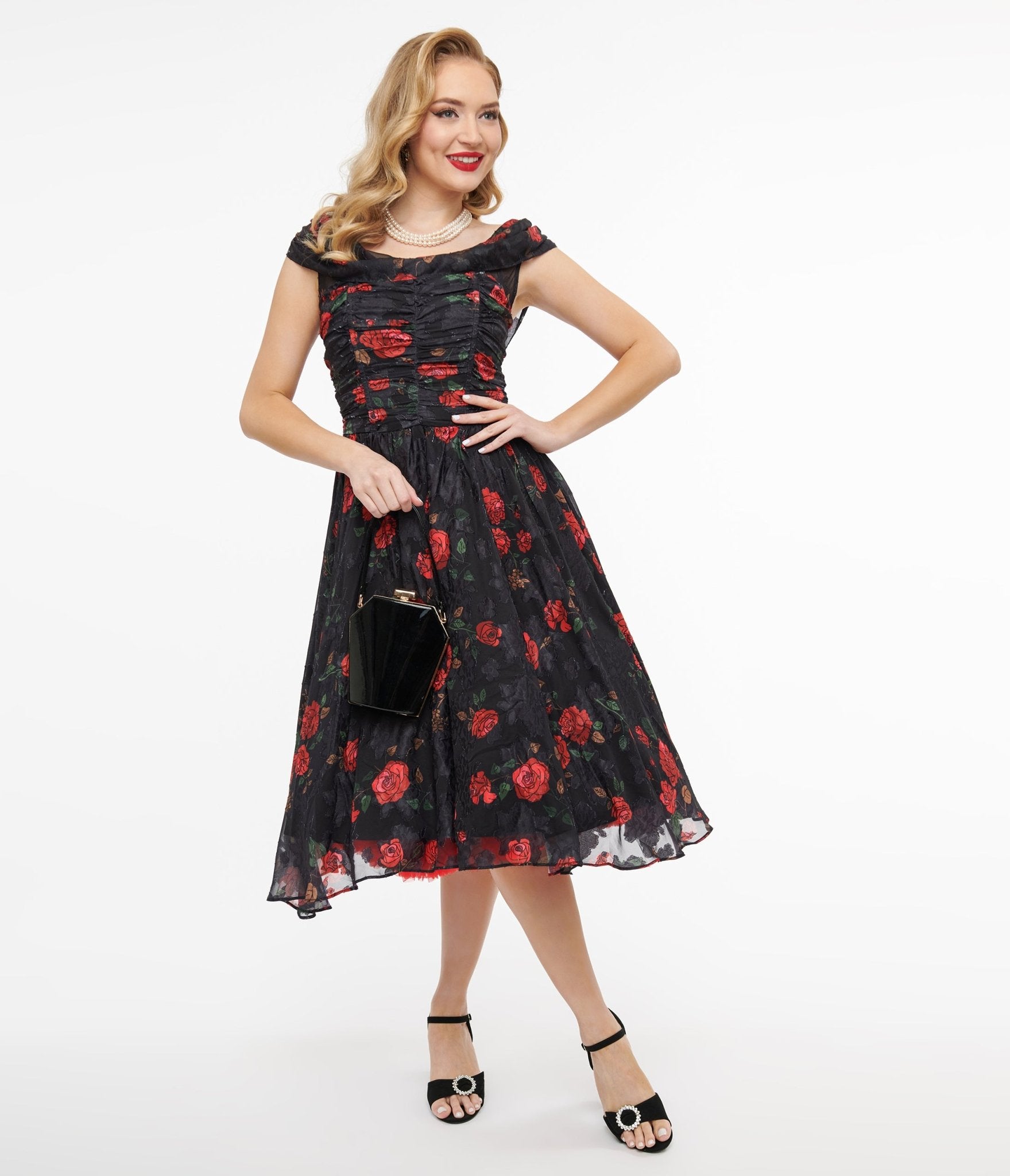 Vintage 1950s Black & Red Rose Off Shoulder Cocktail Dress - Retro Swing Dress for Parties, Weddings & Special Occasions