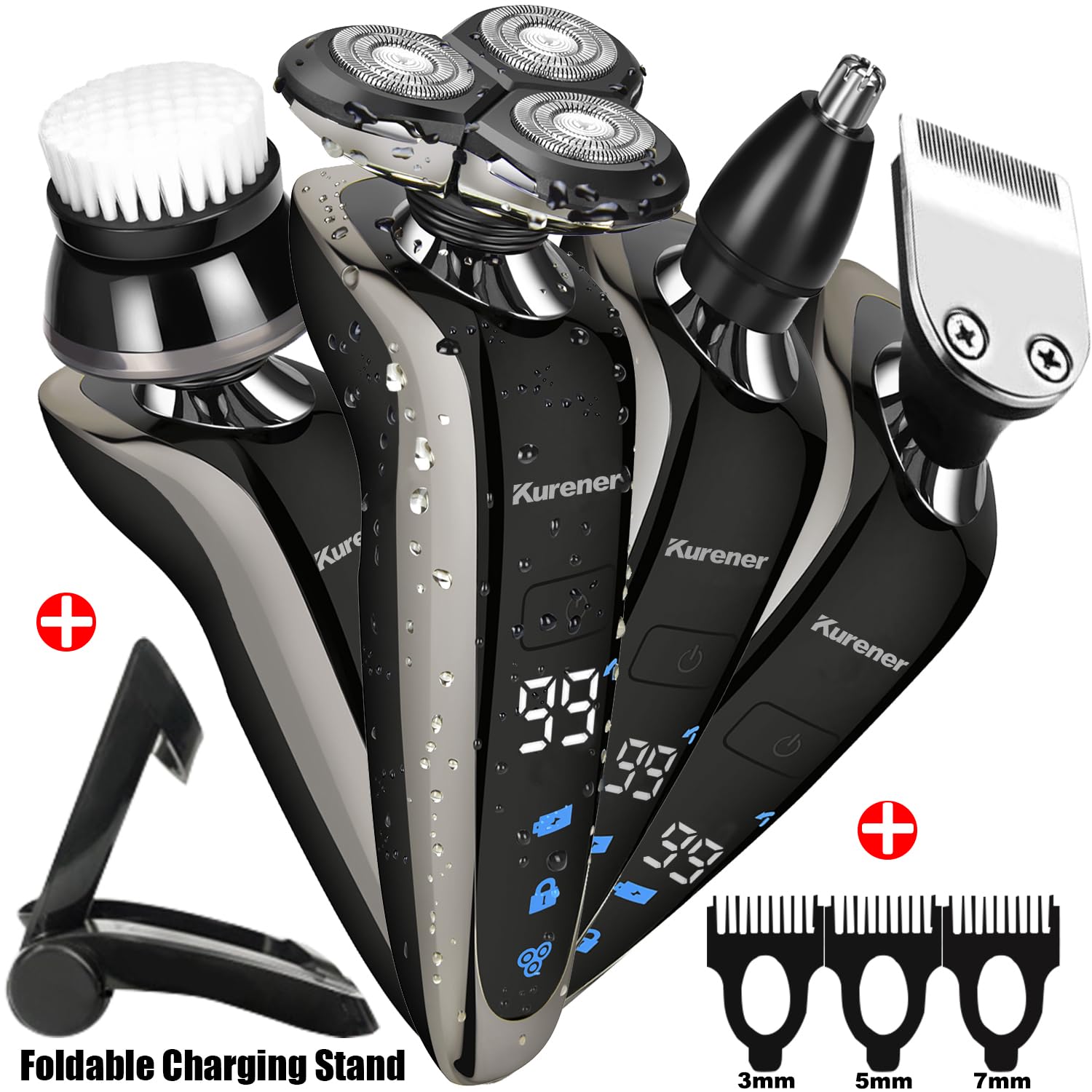Rechargeable Electric Shaver for Men - 100% Waterproof Rotary Shaving System with Nose Trimmer, Sideburns Trimmer & Face Cleaning Brush - Perfect for Travel, Gym & Daily Grooming