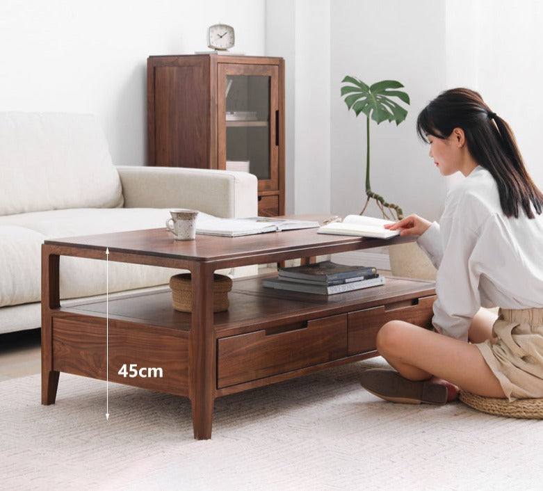 Solid Black Walnut Wood Coffee Table with 4 Drawers - Rustic Modern Living Room Furniture for Home Decor