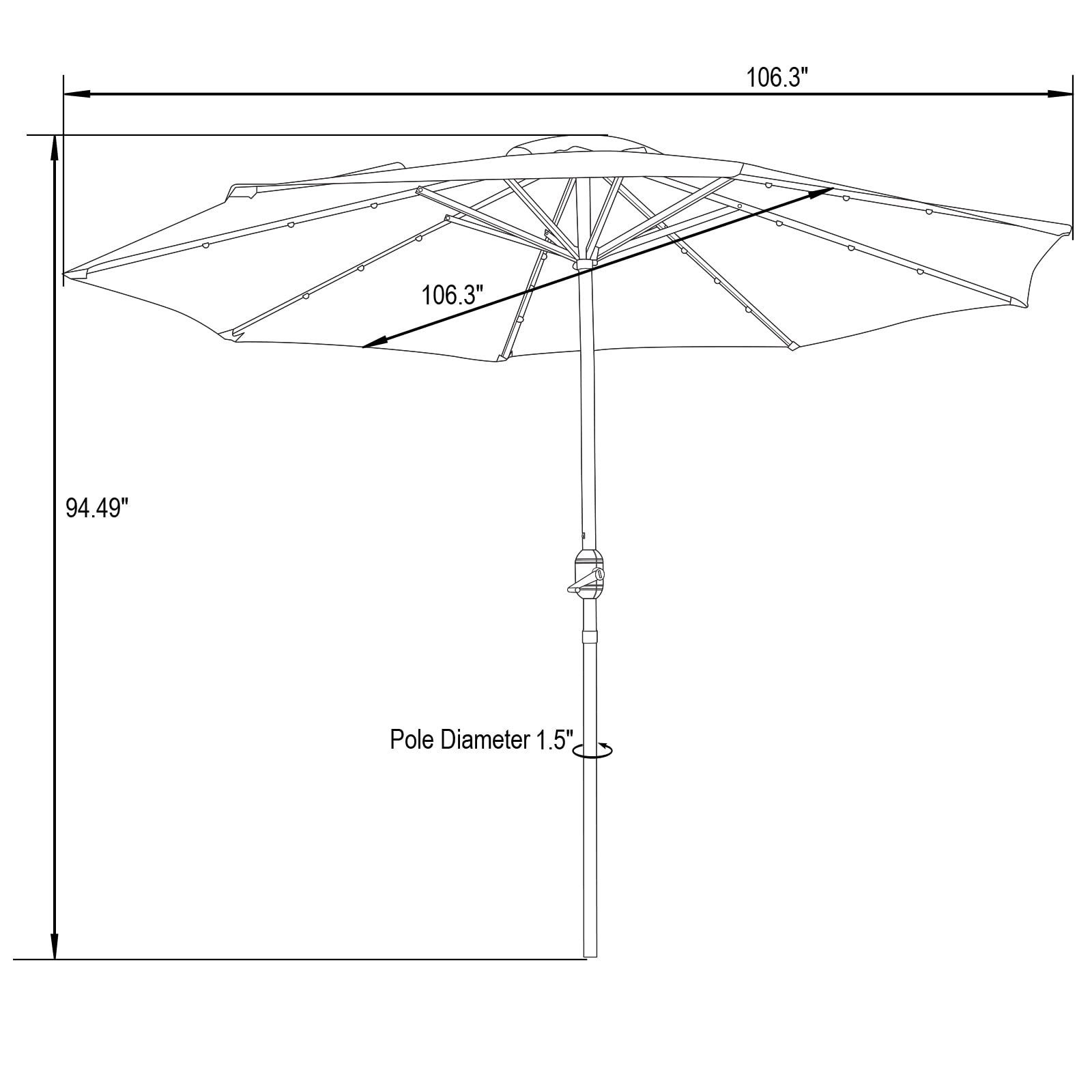 LeisureMod Sierra 9' Outdoor Patio Crank & Tilt Market Umbrella with Solar LED Lights - Waterproof Sun Shade for Garden, Poolside, Backyard, and Restaurant Outdoor Dining
