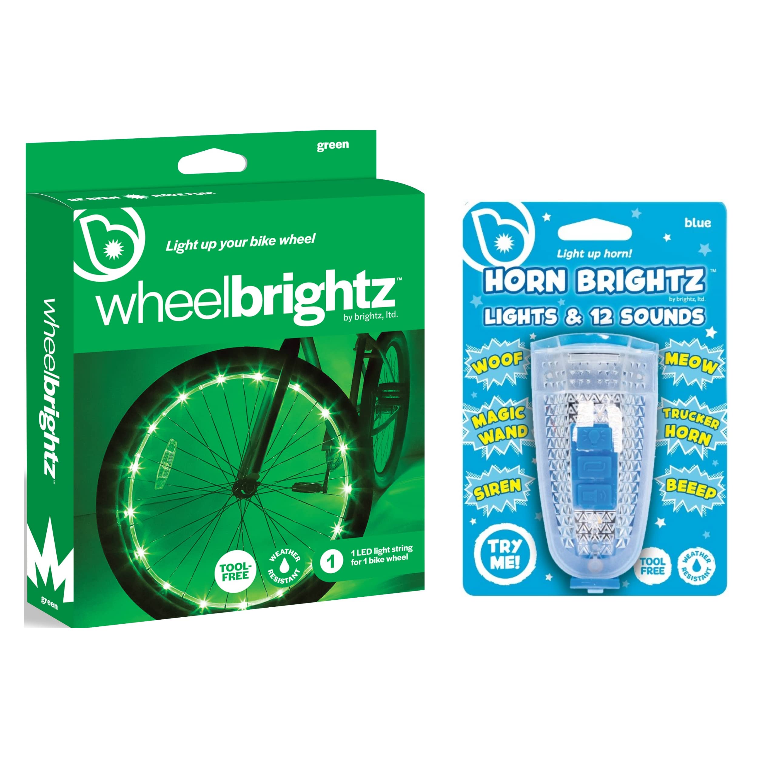 Brightz LED Bike Wheel Lights & Kids Bicycle Horn Combo - Pack of 2 WheelBrightz LED Spoke Lights with 12 Unique Sound Effects Horn - Perfect for Night Cycling, Kids Safety & Fun Outdoor Rides