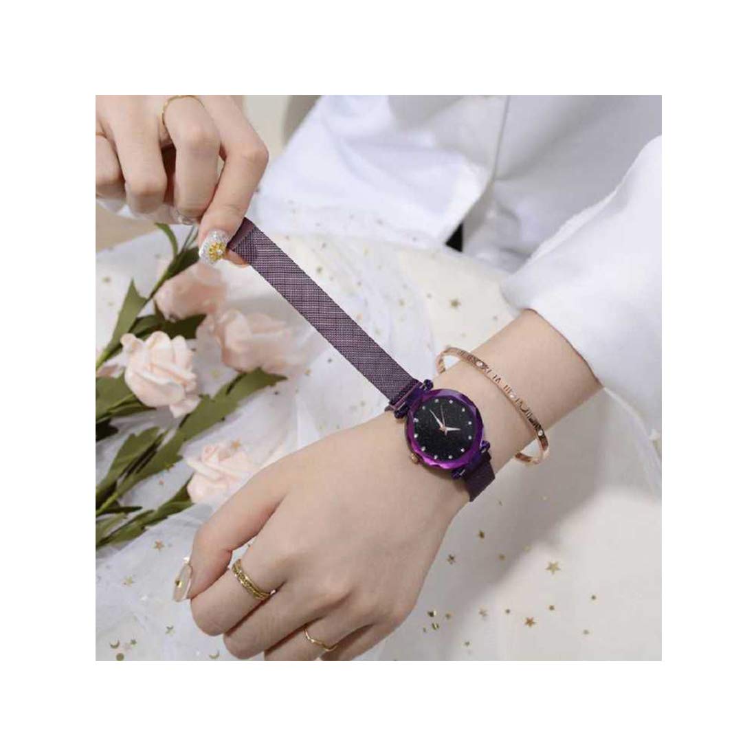 TIMESPACE TS-4025 Luxury Women's Quartz Watch - Black Dial with Purple Magnetic Strap, Slim Minimalist Design for Girls & Teens | Perfect for School, Office, Date Night & Everyday Wear