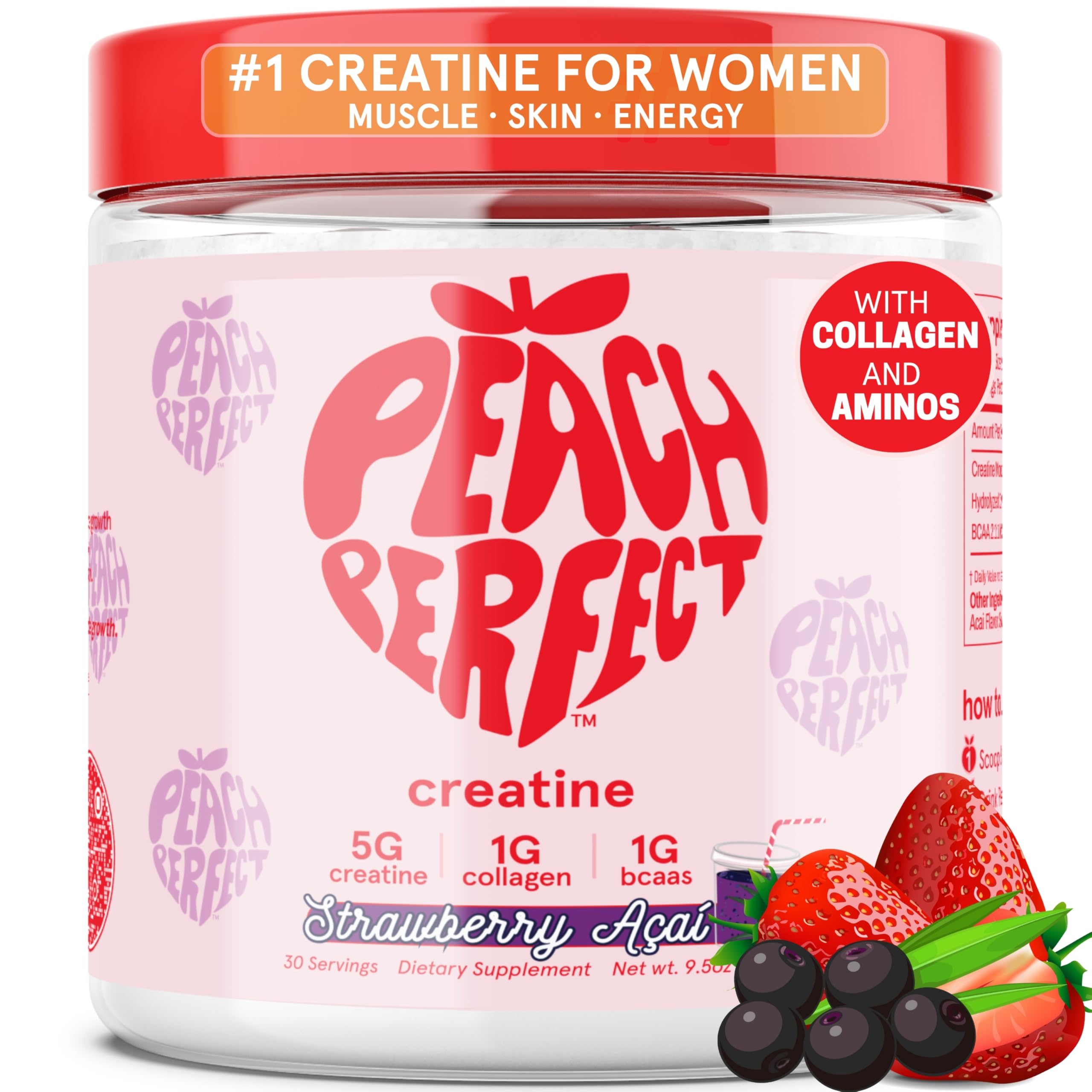 Best Creatine Monohydrate Powder for Women - Vegan Micronized Creatine with Collagen & BCAAs, 5g per Serving - Energy Boost & Muscle Support - 30 Servings, Strawberry Acai Flavor - Perfect for Post-Workout Recovery & Fitness Goals