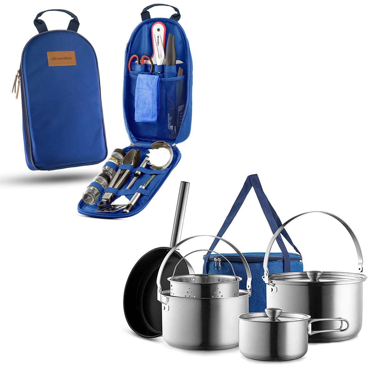Premium 8-Piece 304 Stainless Steel Camping Cookware Set with 11-Piece Utensil Kit - Portable Outdoor Cooking Gear for Camping, Hiking & Backpacking - Compact Fireproof Pots & Pans for Open Flame Grilling & RV Trips