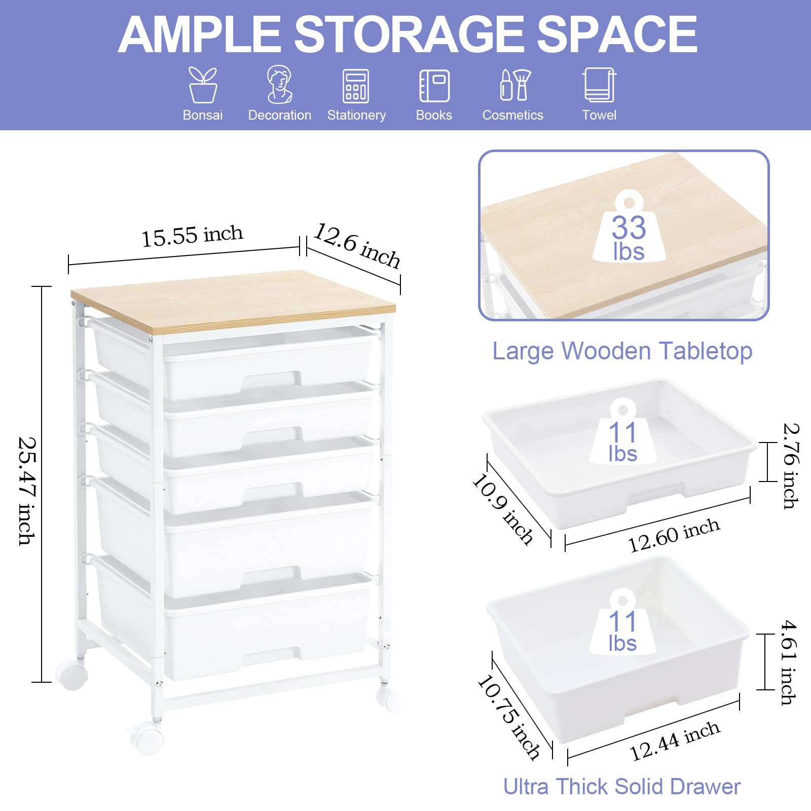 5-Tier Rolling Utility Cart with 5 Drawers & Lockable Wheels - Wooden Tabletop Storage Trolley for Crafts, Office, or Kitchen Organization - Bright White Mobile Workstation for Home, Workshop & DIY Projects