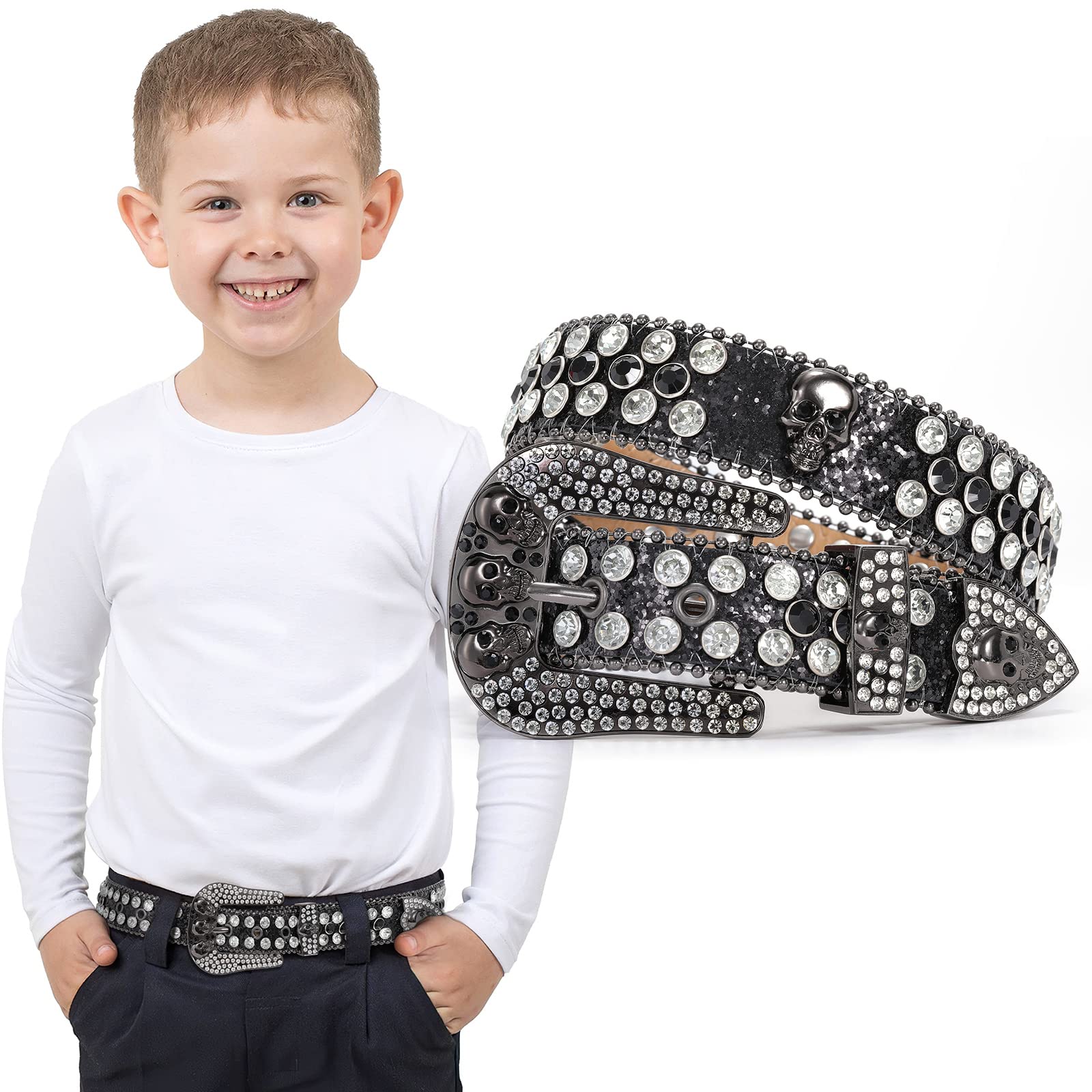 SUOSDEY Rhinestone Skull Leather Belt for Kids - Stylish Western Bling Cowboy Cowgirl Belt for Boys & Girls | Perfect for Jeans, Pants & Western Outfits