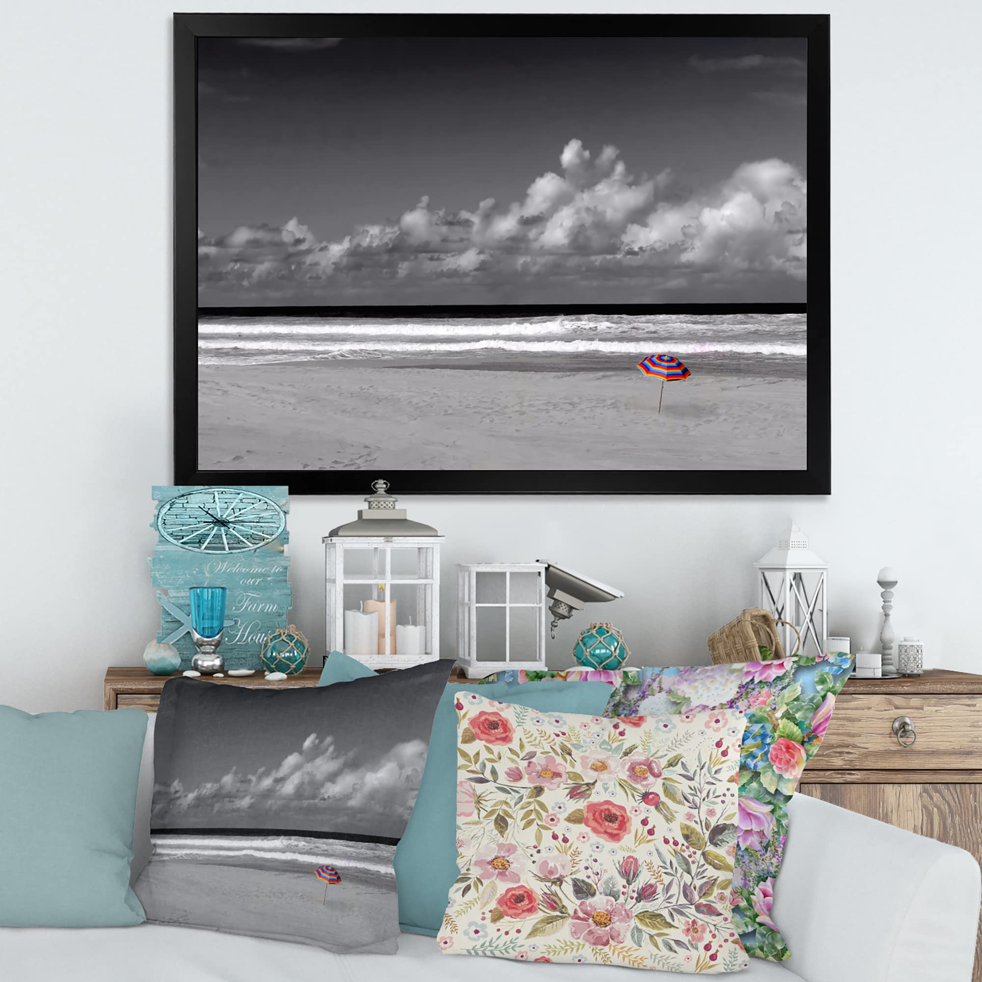 DesignQ Monochrome Coastline Under Cloudy Sky Lake House Framed Wall Art - Black & White Beach Landscape Painting for Living Room, Bedroom & Office Decor