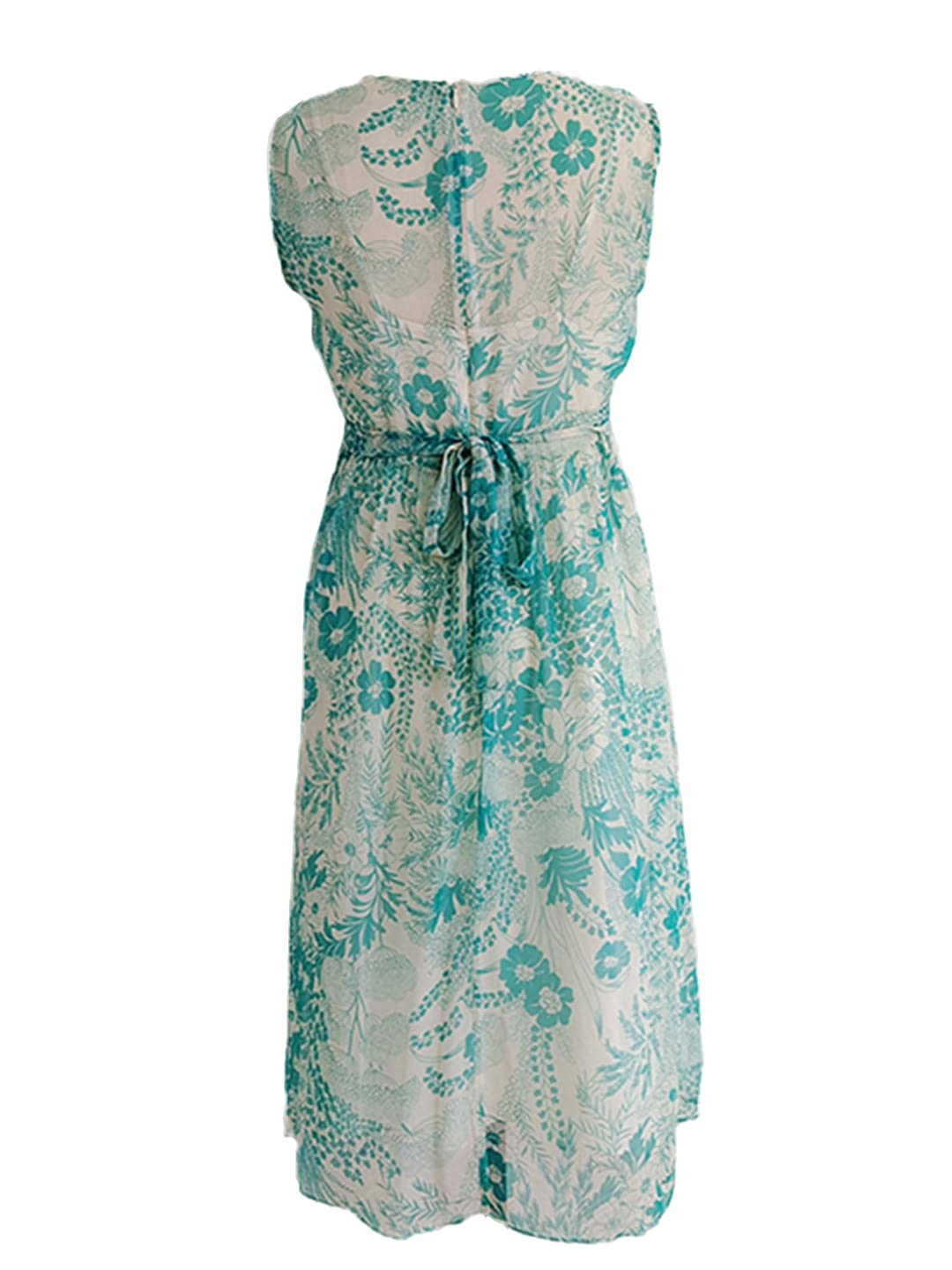 2022 Summer Women's 100% Pure Silk Sleeveless O-Neck Blue Floral Printed Pleated Dress - Perfect for Beach Vacations, Garden Parties & Summer Weddings