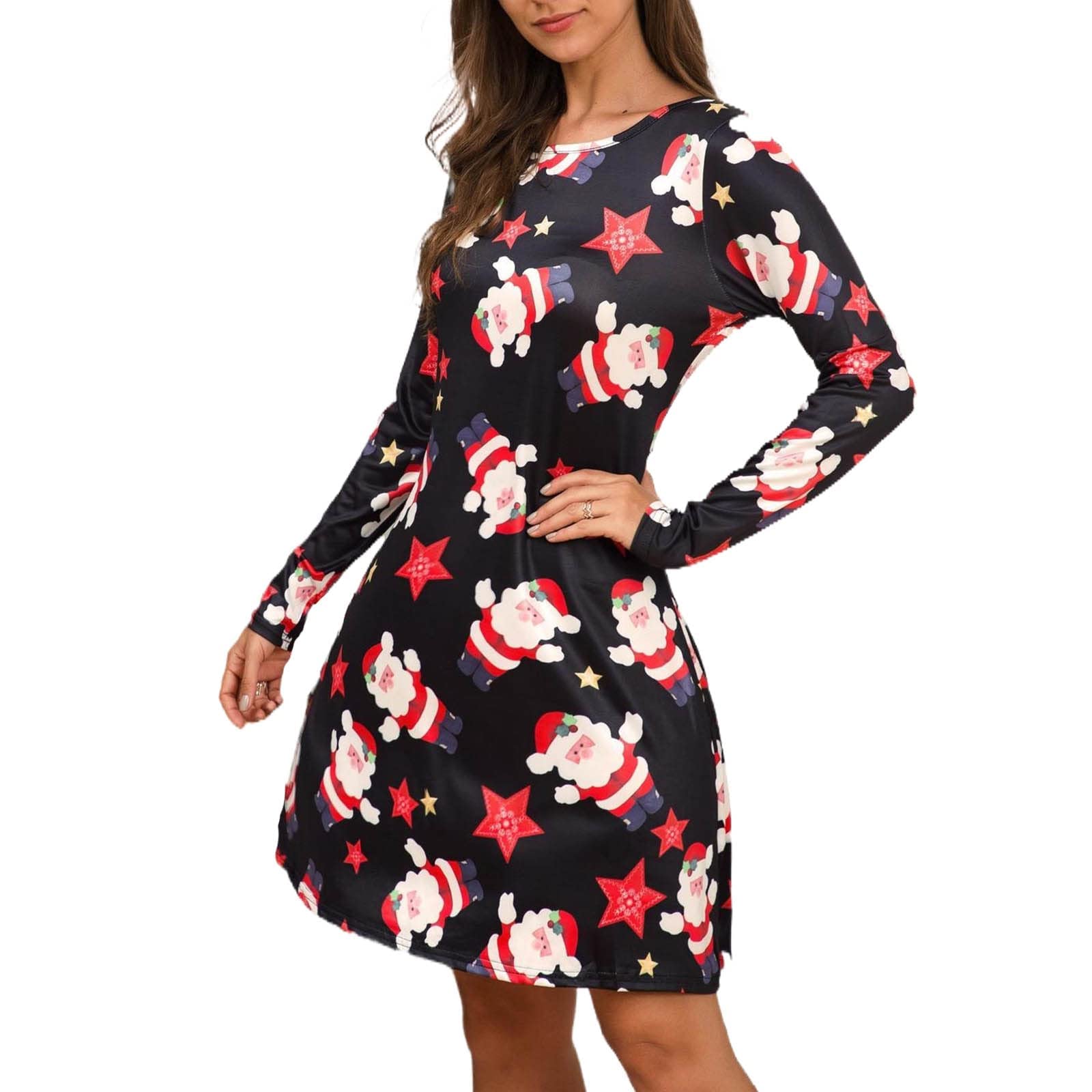 GRAEEN Women's Santa Claus Print Christmas Dress - Long Sleeve T-Shirt Swing Dress with Round Neck | Holiday Party Outfit, Xmas Family Gathering, Office Festive Attire