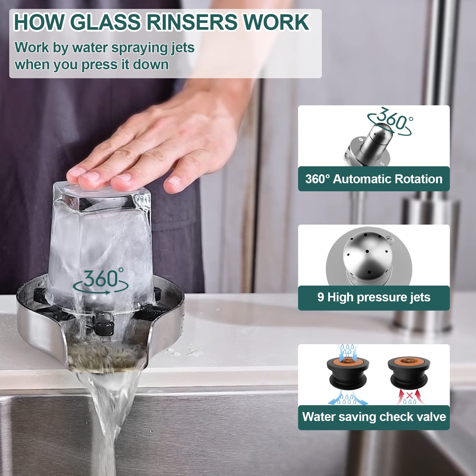 FONTOP 360° Rotating Glass Rinser Cup Washer - Stainless Steel Sink Faucet Attachment for Home Kitchen & Bar Countertop - Matte Black - Perfect for Cleaning Wine Glasses, Baby Bottles & Kitchen Utensils