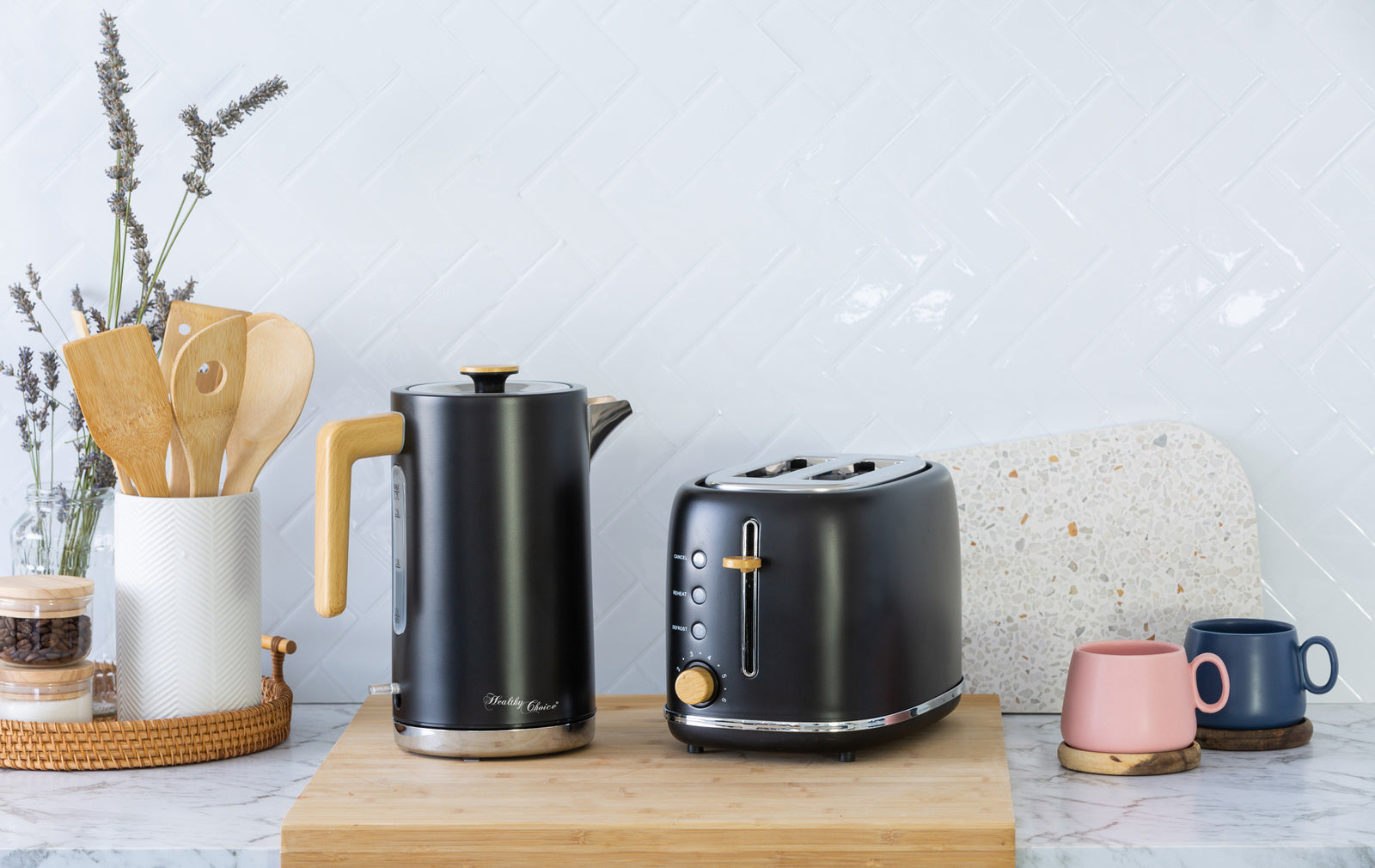 1.7L Black Kitchen Kettle & 2-Slice Toaster Set with Wood Accents - Perfect for Breakfast, Tea Time & Small Kitchen Spaces