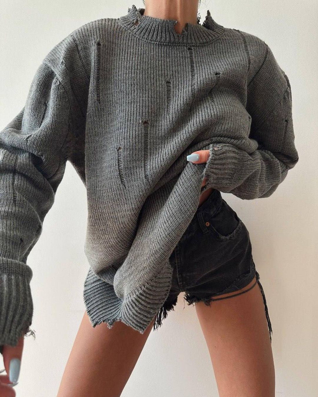 New Autumn Loose Pullover Top Frayed Round Neck Sweater 1895 | Women's Casual Knitwear for Fall & Winter | Perfect for Office, Date Night & Weekend Outfits