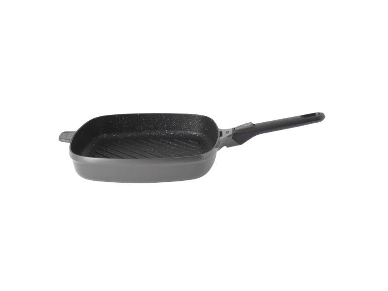 BergHOFF GEM 11 Inch Square Non-Stick Grill Pan with Detachable Handle - Perfect for Indoor Grilling, Stovetop Cooking & Serving (Grey)