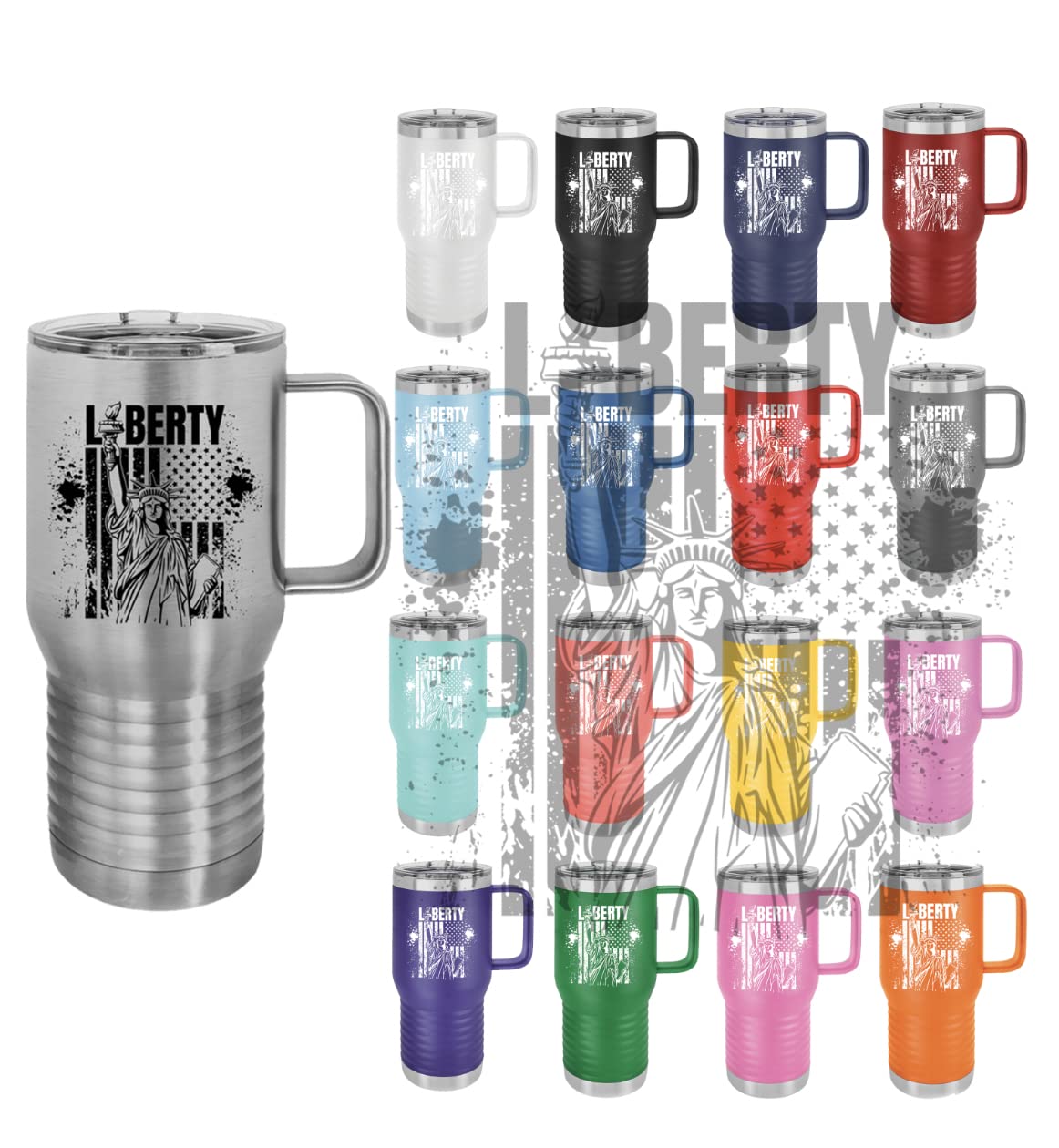 Orange Patriotic 20 oz. Polar Camel Vacuum Insulated Travel Mug - Double Wall Stainless Steel Tumbler with Slider Lid & Handle, Laser Engraved Lady Liberty Design - Perfect for Coffee, Tea, Hot & Cold Drinks - Ideal for Commuting, Camping, Office & Outdoor Adventures