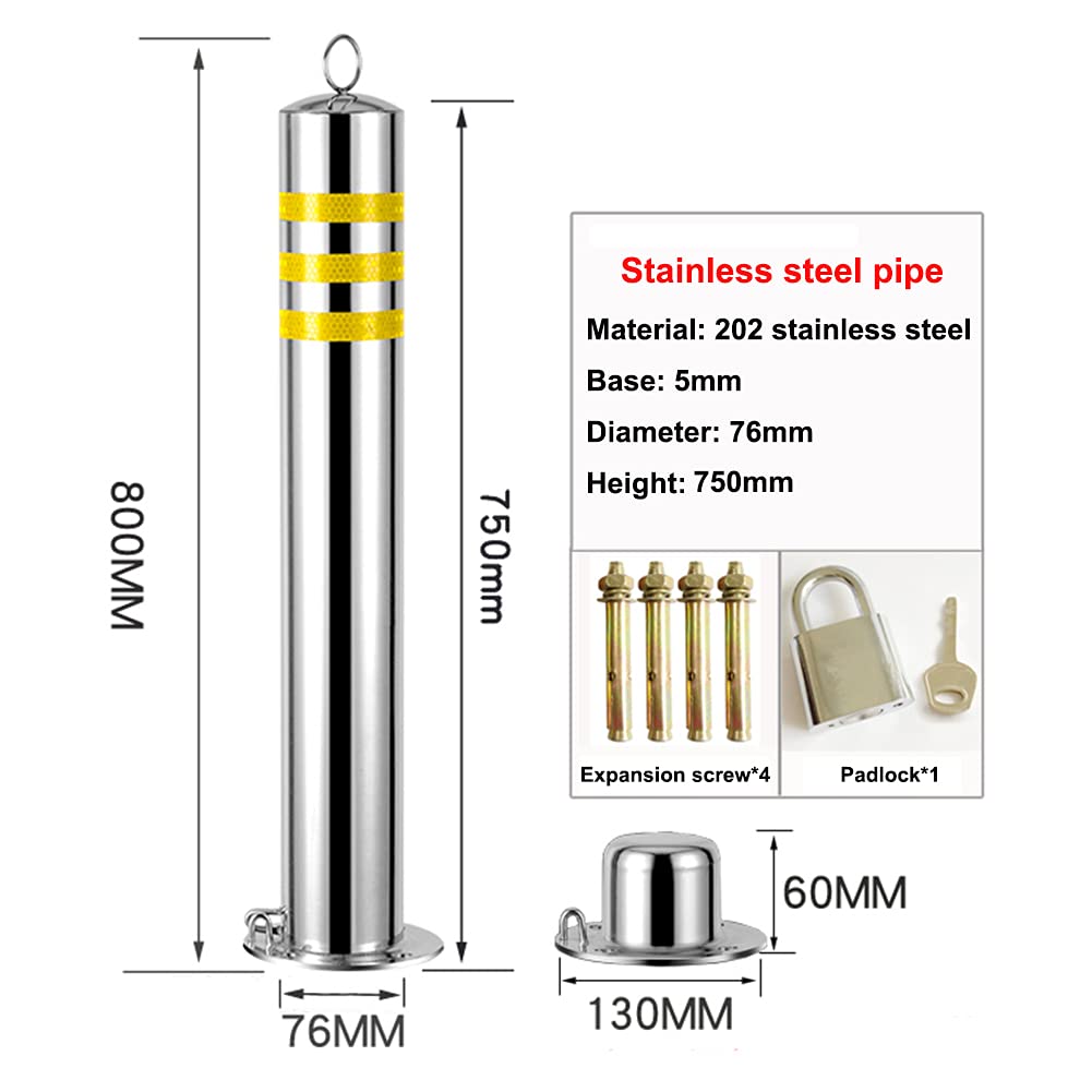 2X Heavy Duty Stainless Steel Parking Bollards - Driveway Security Posts with Hanging Ring & Reflective Tape - Removable Base for Easy Installation - Ideal for Parking Lots, Garages, and Commercial Properties