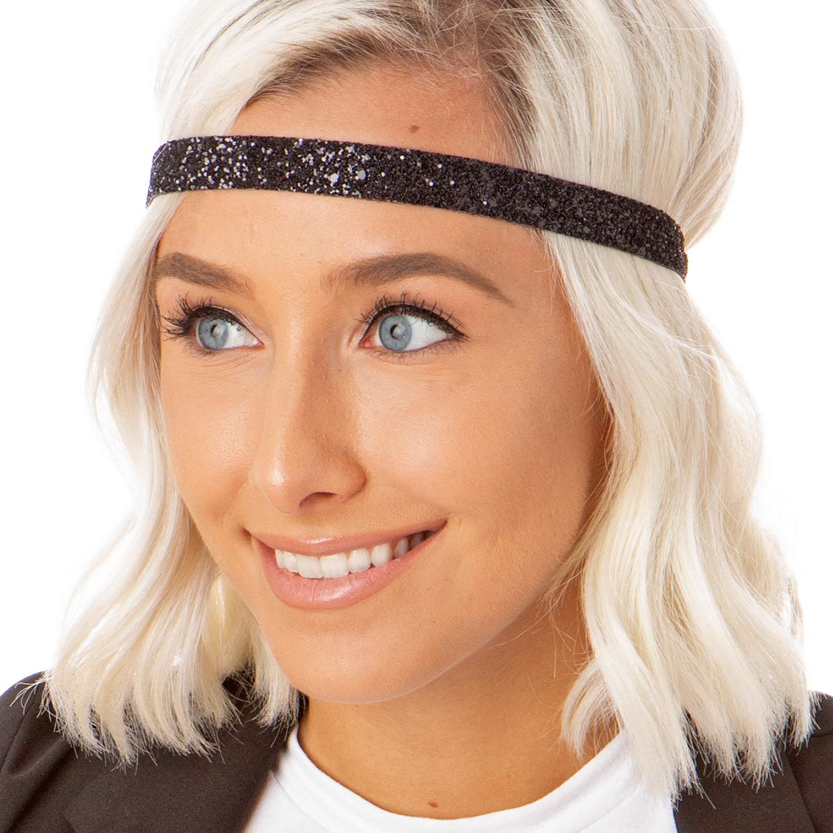 Sparkly Bling Glitter Skinny Headbands for Women, Girls & Teens - Adjustable No Slip 3-Pack (Black/Rose Gold/Pink Rose) | PETITE Size | Perfect for School, Workouts, Parties & Everyday Fashion