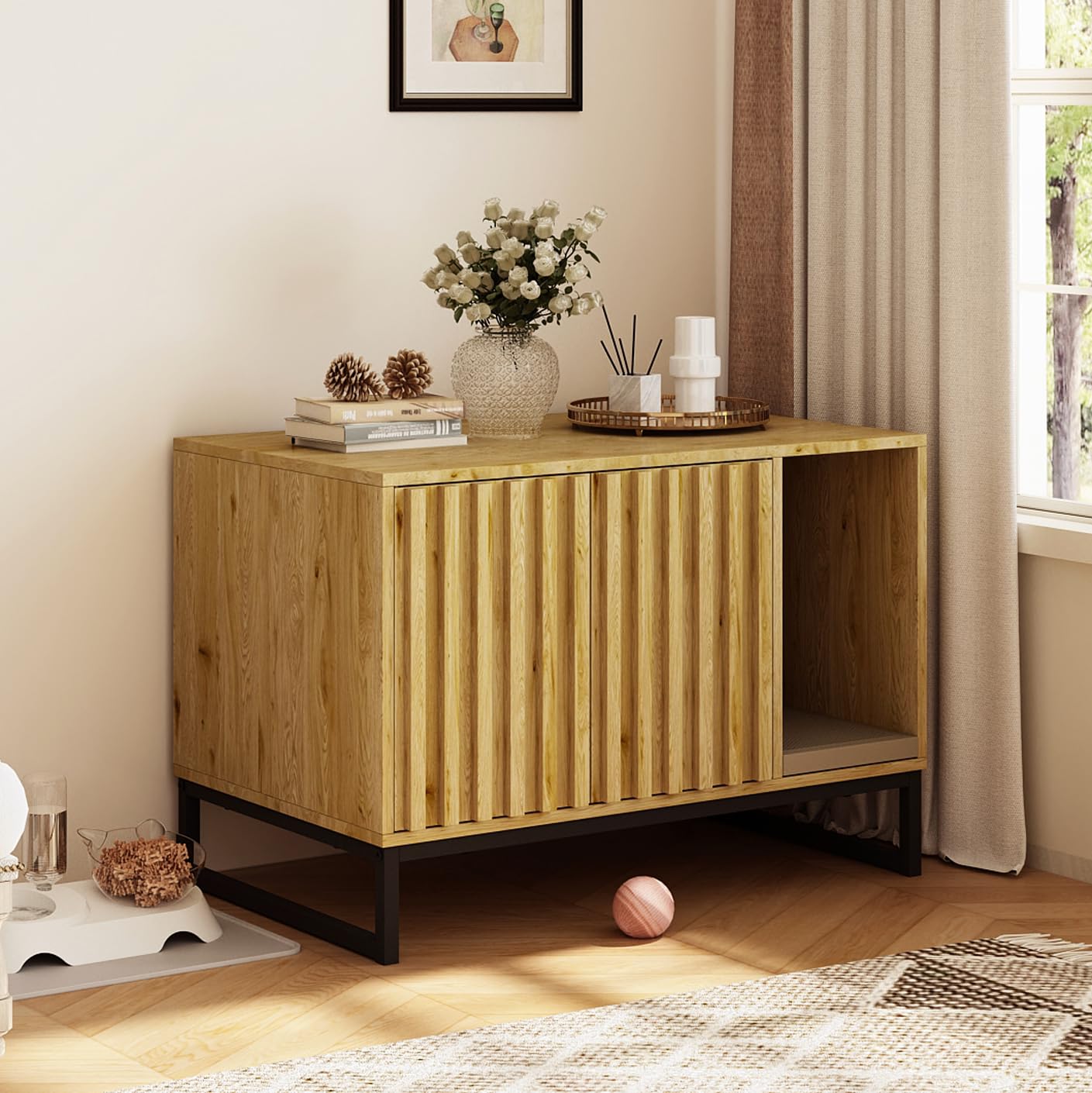 Modern Cat Litter Box Enclosure Furniture - Hidden Litter Box with Scratch Pad, Cat Washroom House & Entryway Bench for Living Room - Natural Wood End Table for Small Spaces & Pet-Friendly Home Decor