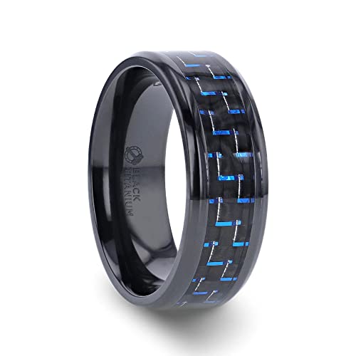 Zayden Men's Titanium Ring - Lightweight Comfort Fit Black Titanium Band with Blue & Black Carbon Fiber Inlay, 8mm Width - Perfect for Weddings, Engagements, and Everyday Wear
