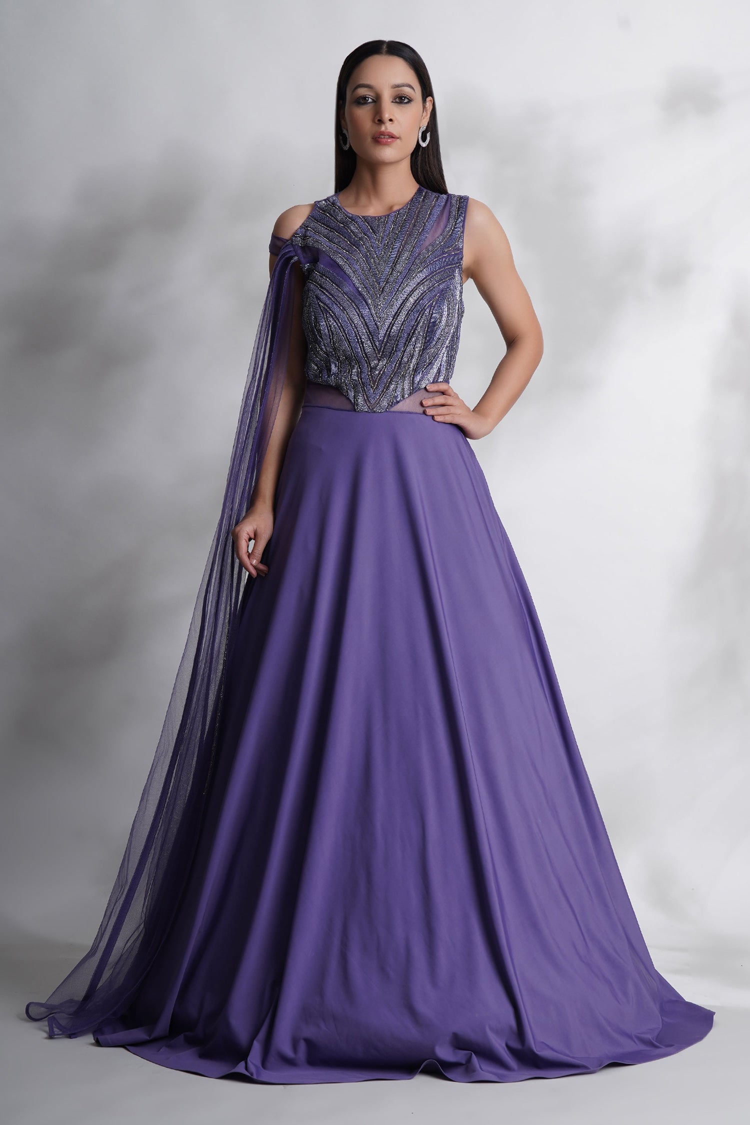 Elegant Purple Lycra Embroidered Cutdana Round Flared Gown (D124) - Perfect for Evening Parties, Weddings & Special Occasions