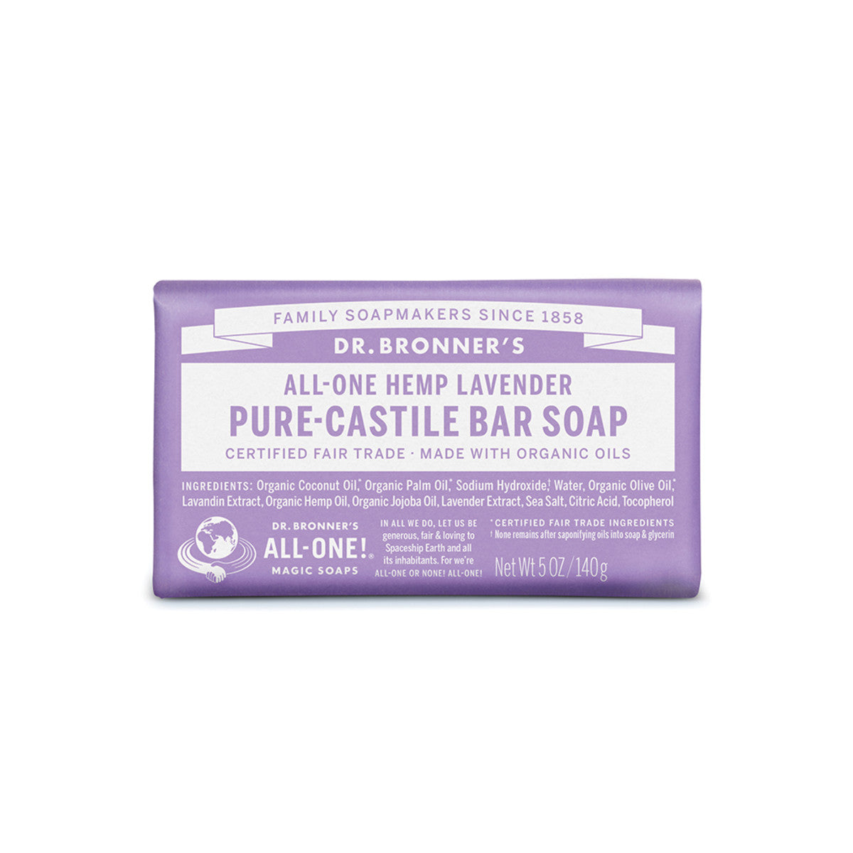 Dr. Bronner's Organic Lavender Pure Castile Bar Soap with Hemp Oil, 140g - All-in-One for Face, Body & Hair - Natural Vegan Soap for Sensitive Skin & Aromatherapy