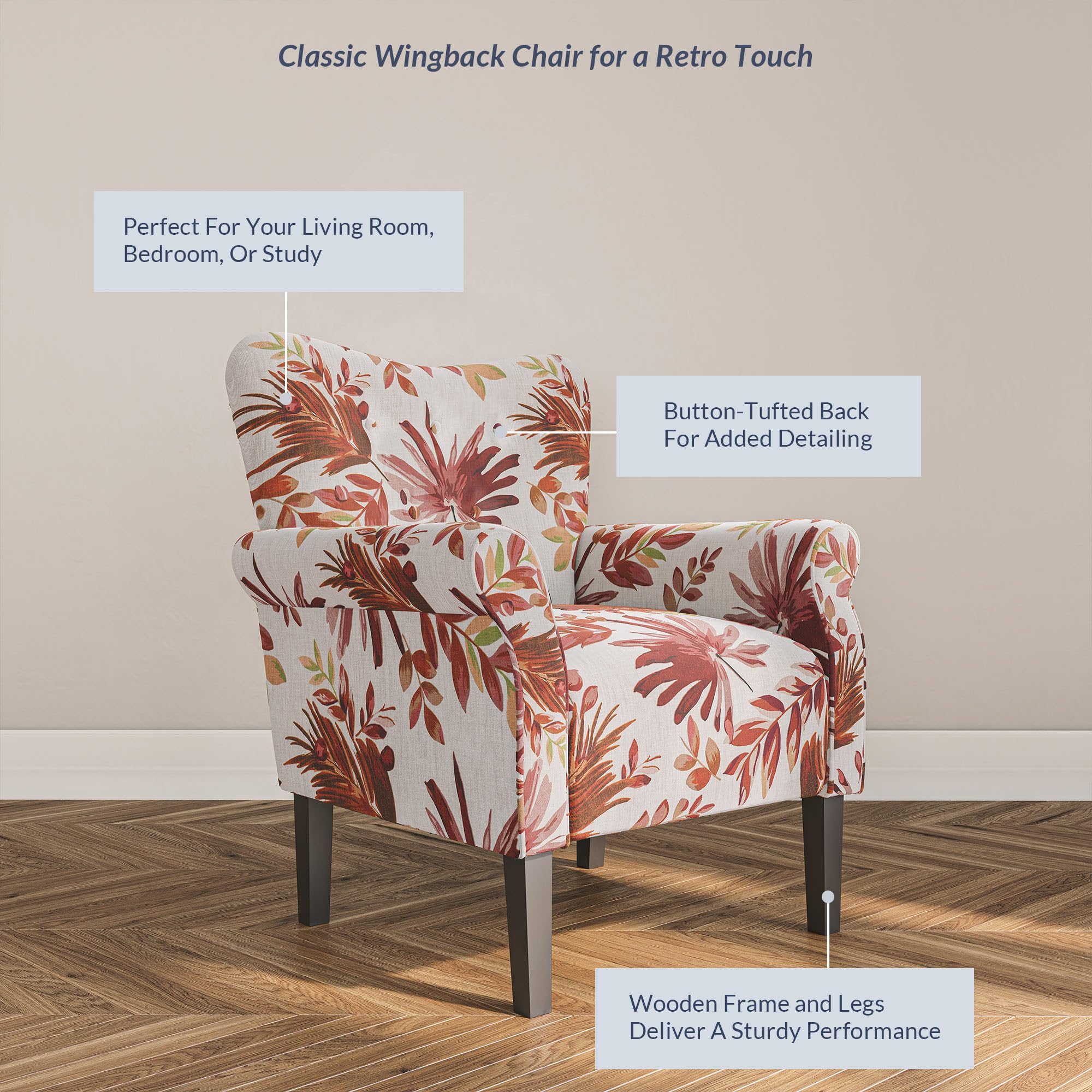 BELLEZE Modern Accent Chair - High Back Floral Wingback Armchair with Wooden Legs & Padded Armrests, Upholstered Single Sofa for Living Room, Bedroom, Office - Allston Red Floral Design - Perfect for Reading Nook, Lounge Area & Home Decor
