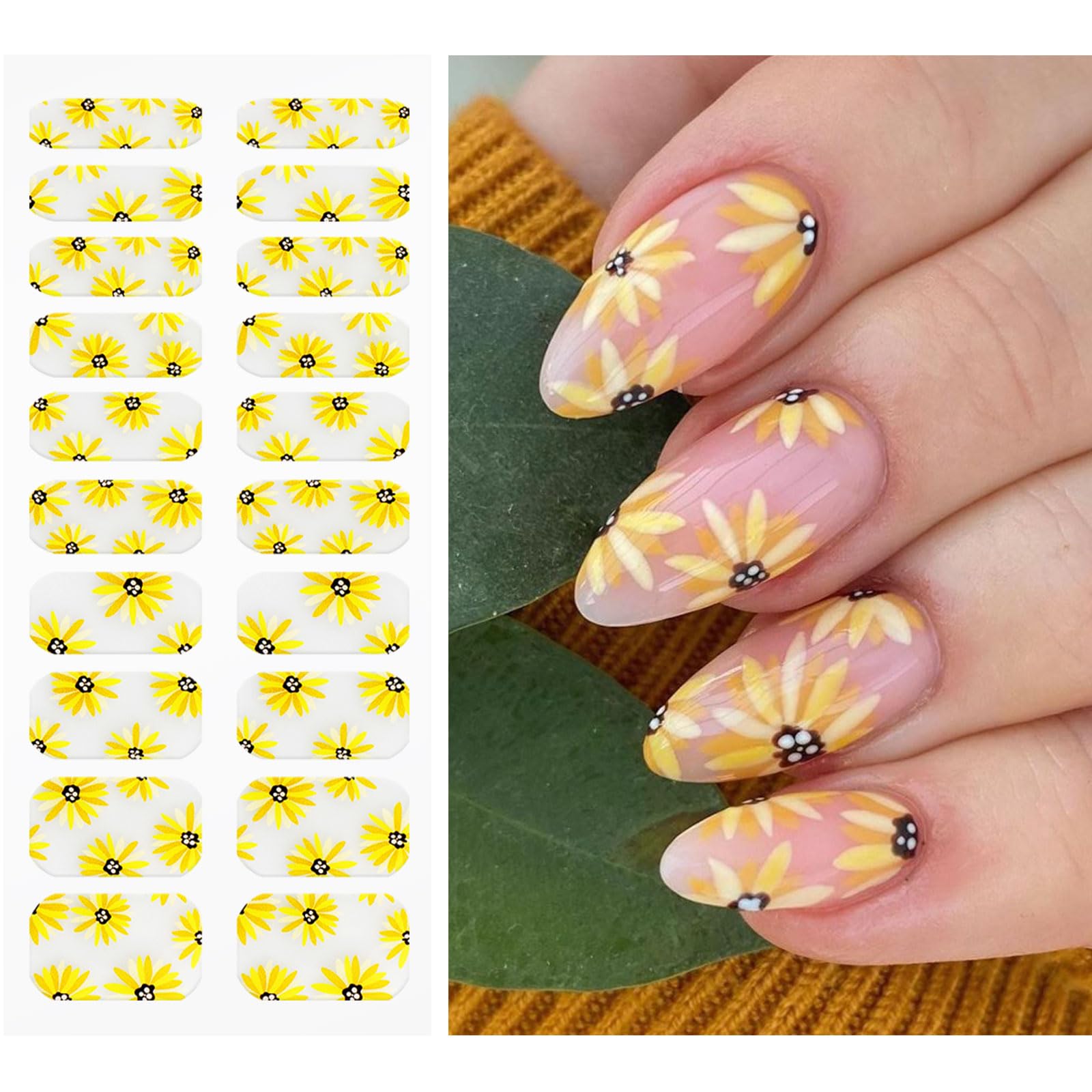 JMEOWIO Sunflower Daisy Semi-Cured Gel Nail Strips - UV/LED Curable Nail Stickers for Nail Art Designs | Perfect for DIY Manicures, Salon Nail Decorations & Special Occasions