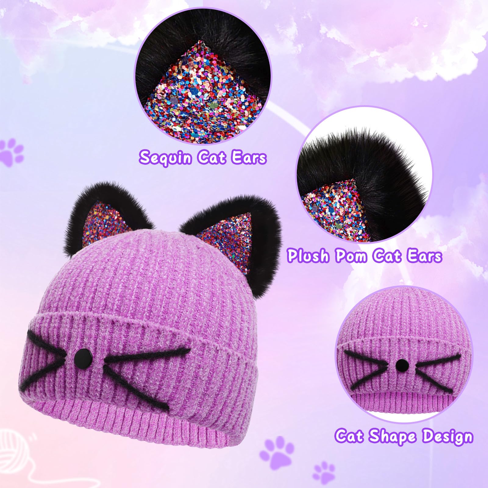 Sparkle Cat Ears Knit Beanie for Girls Ages 7-12 - Warm Winter Hat with Sequins for Outdoor Snow Skiing & Cold Weather Activities