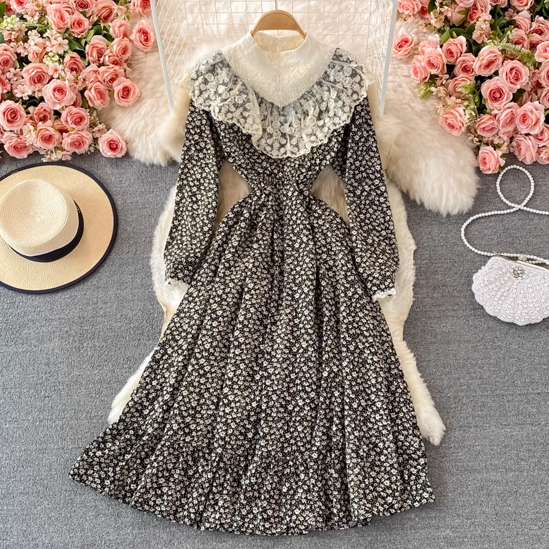 Elegant Autumn Stand Collar Lace Floral Dress - Sweet Princess Style Formal Dress for Women | Perfect for Weddings, Parties & Special Occasions