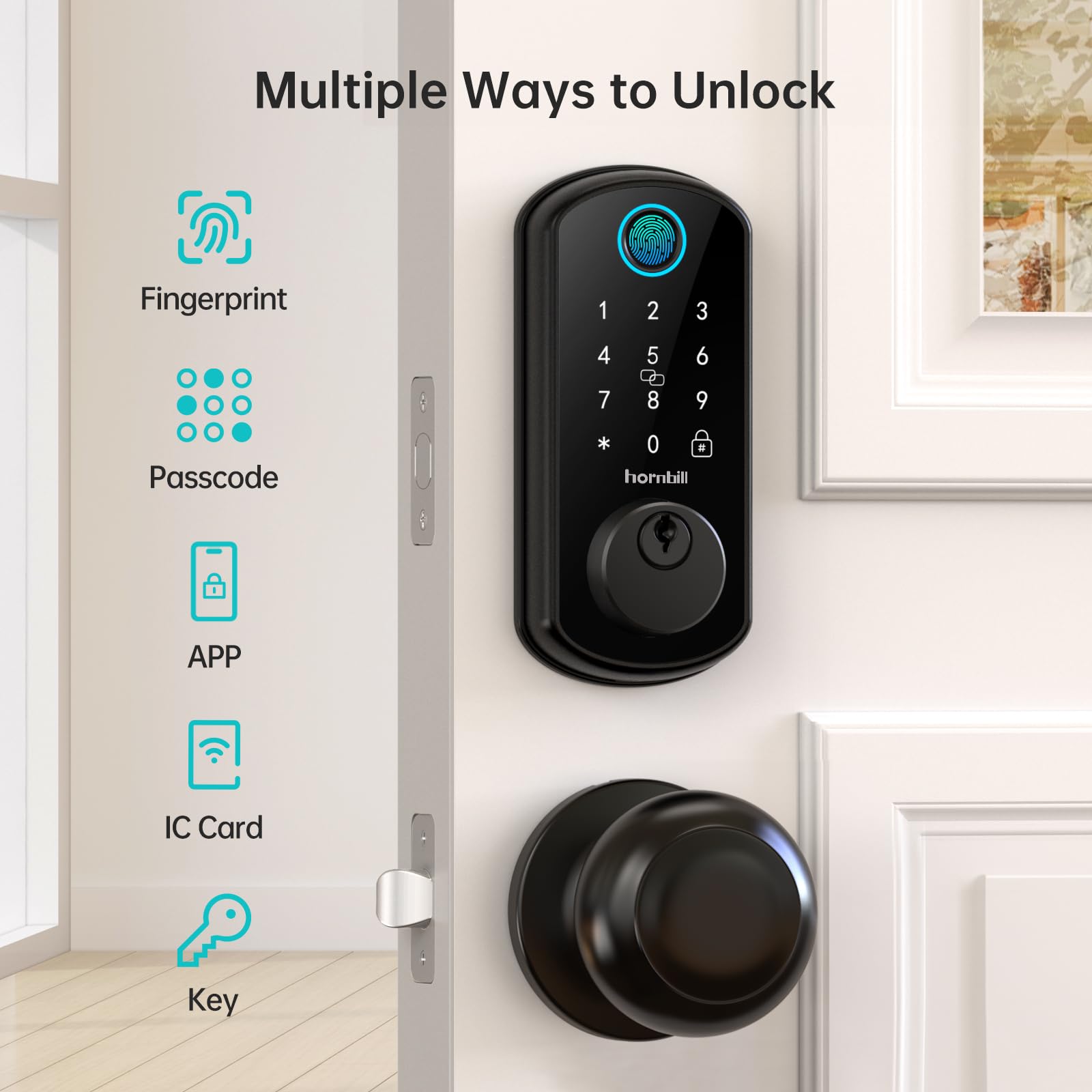 Hornbill Smart WiFi Door Lock - Keyless Entry Fingerprint Deadbolt with Handle Set, Bluetooth Remote, Alexa Compatible, Auto Lock for Home & Hotel Security (Black) - Perfect for Front Door, Vacation Rentals & Airbnb