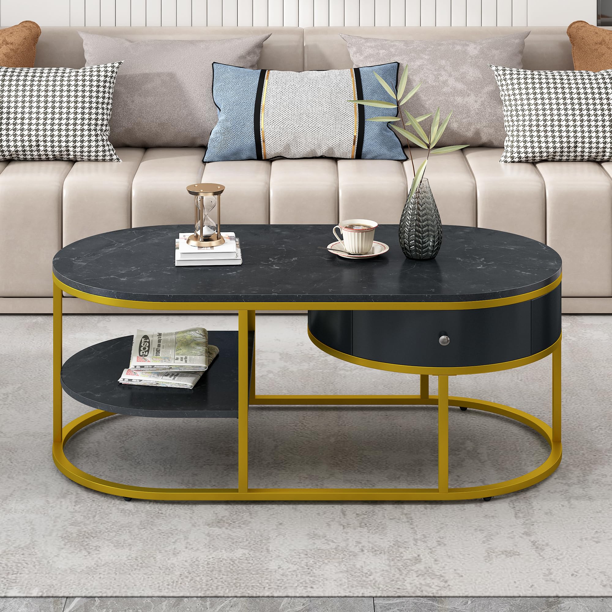 Modern Coffee Table with 2 Drawers & Faux Marble Top - Stylish Center Table with Storage Shelves - Elegant Living Room Furniture for Small Spaces & Home Decor