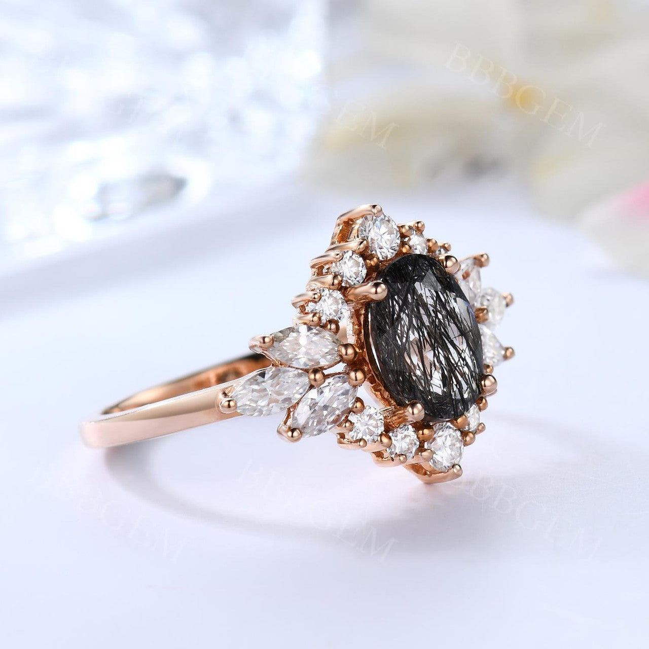 Oval Cut Black Rutilated Quartz Engagement Ring with Marquise Moissanite Halo - Elegant Wedding Band for Proposals, Anniversaries & Special Occasions