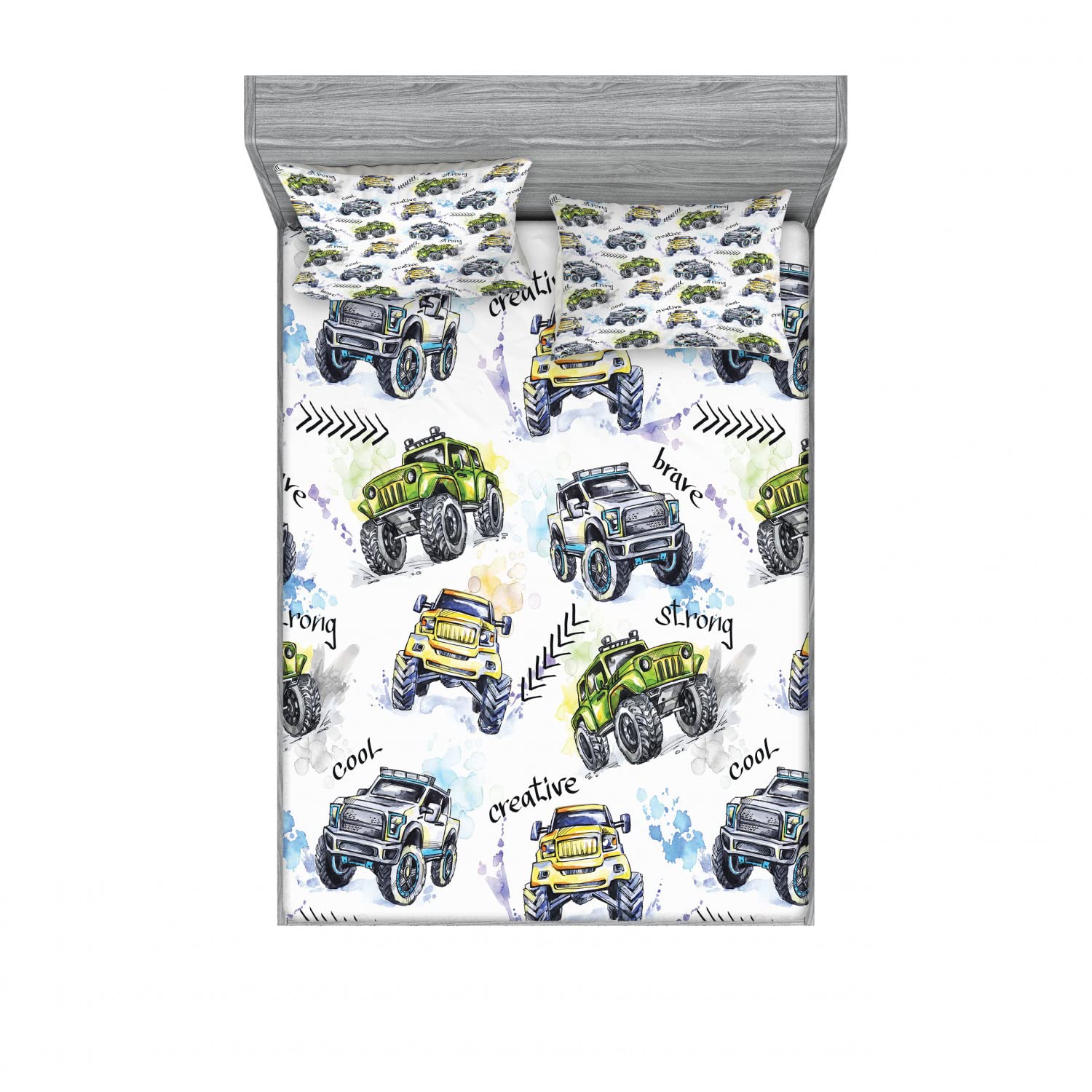 Ambesonne Monster Truck 2-Pack Full Size Fitted Sheets & 4 Pillow Sham Set - Hand Drawn Yellow Lavender Blue Car Theme Bedding Decor for Boys Room, Kids Bedroom & Nursery - Soft & Durable 4-Piece Bed Sheet Set