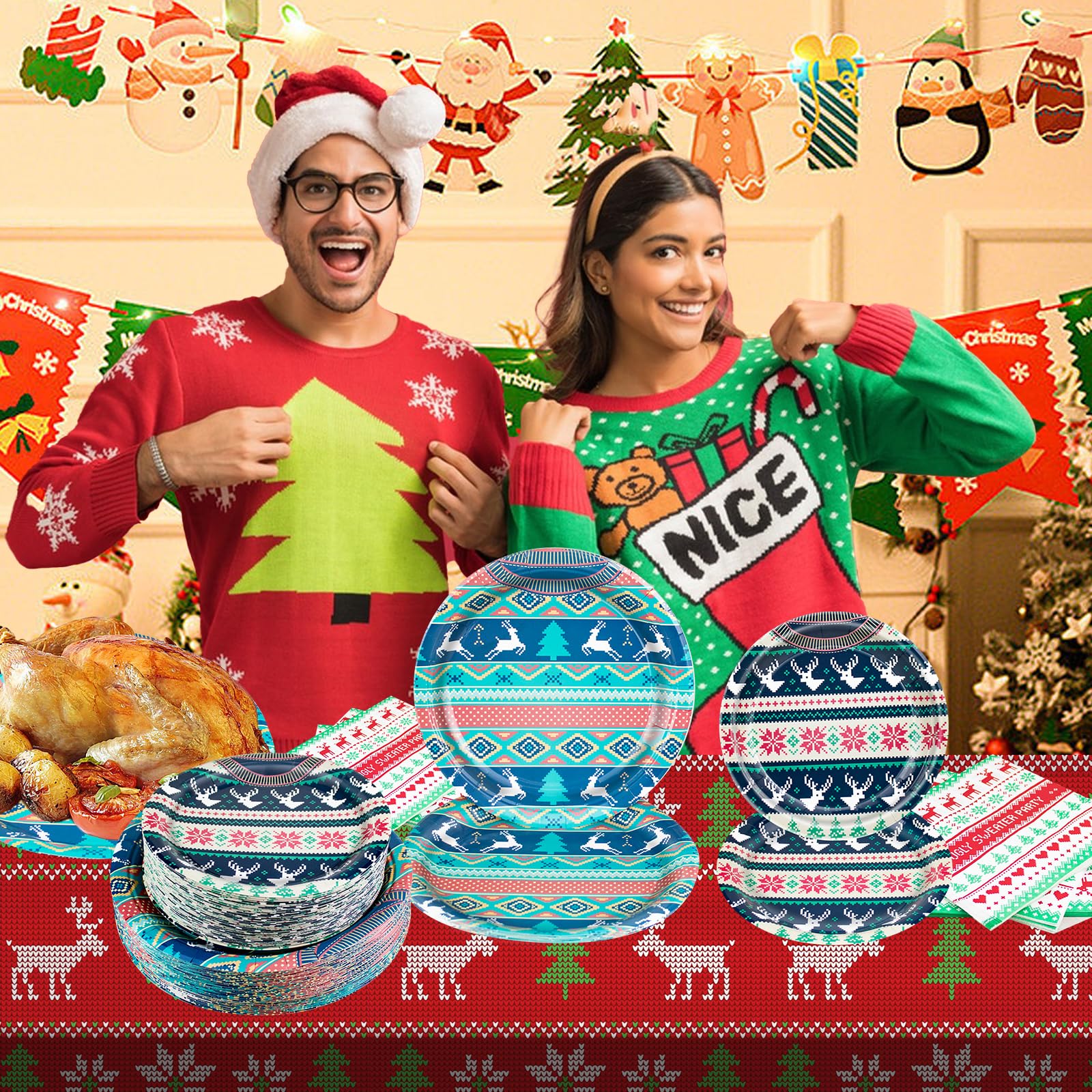 180-Piece Ugly Christmas Sweater Party Supplies Set - Serves 60 Guests | Christmas Paper Plates, Napkins & Dinnerware Kit for Holiday, Birthday & Xmas Celebrations | Includes Dinner Plates, Dessert Plates & Napkins | Perfect for Christmas Parties, Office Events & Family Gatherings