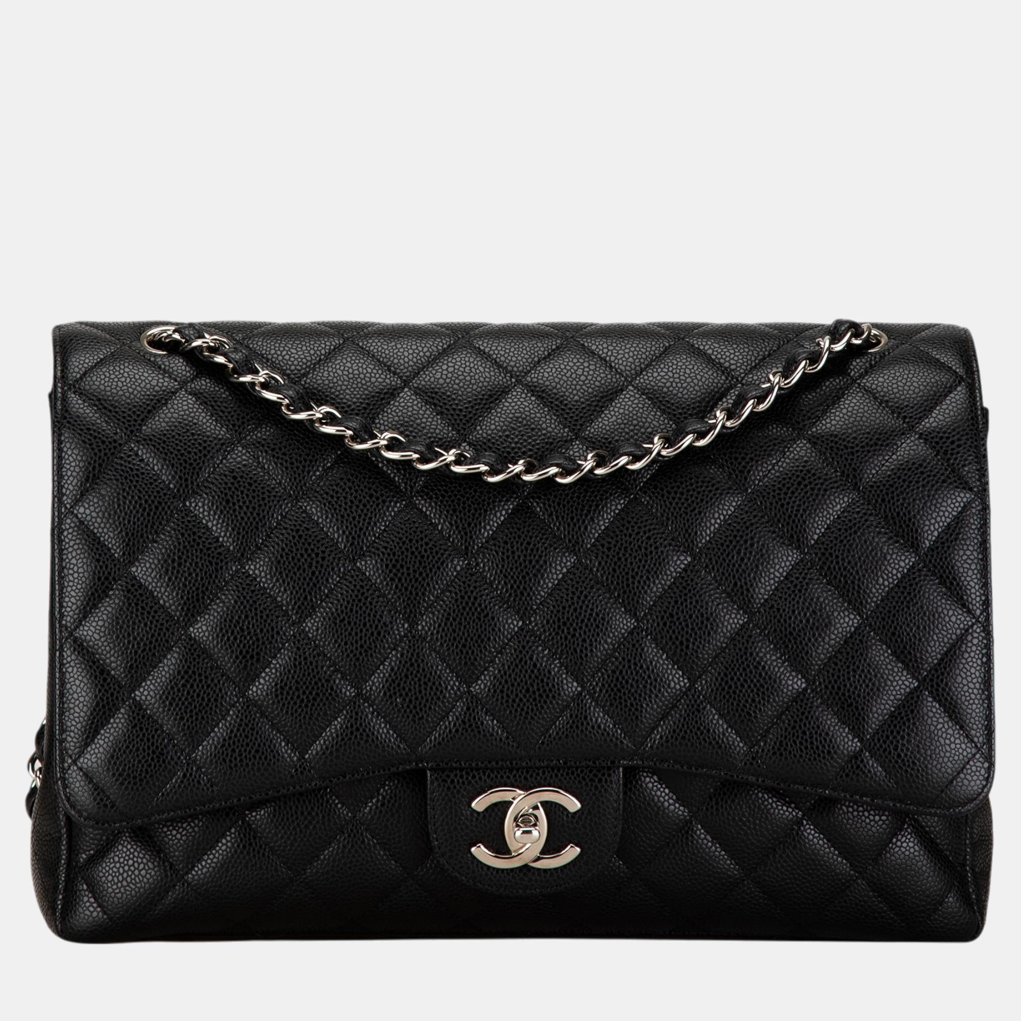 Luxury Black Caviar Leather Maxi Classic Double Flap Bag - Elegant Designer Handbag for Women, Perfect for Work, Evening Events & Travel Accessories