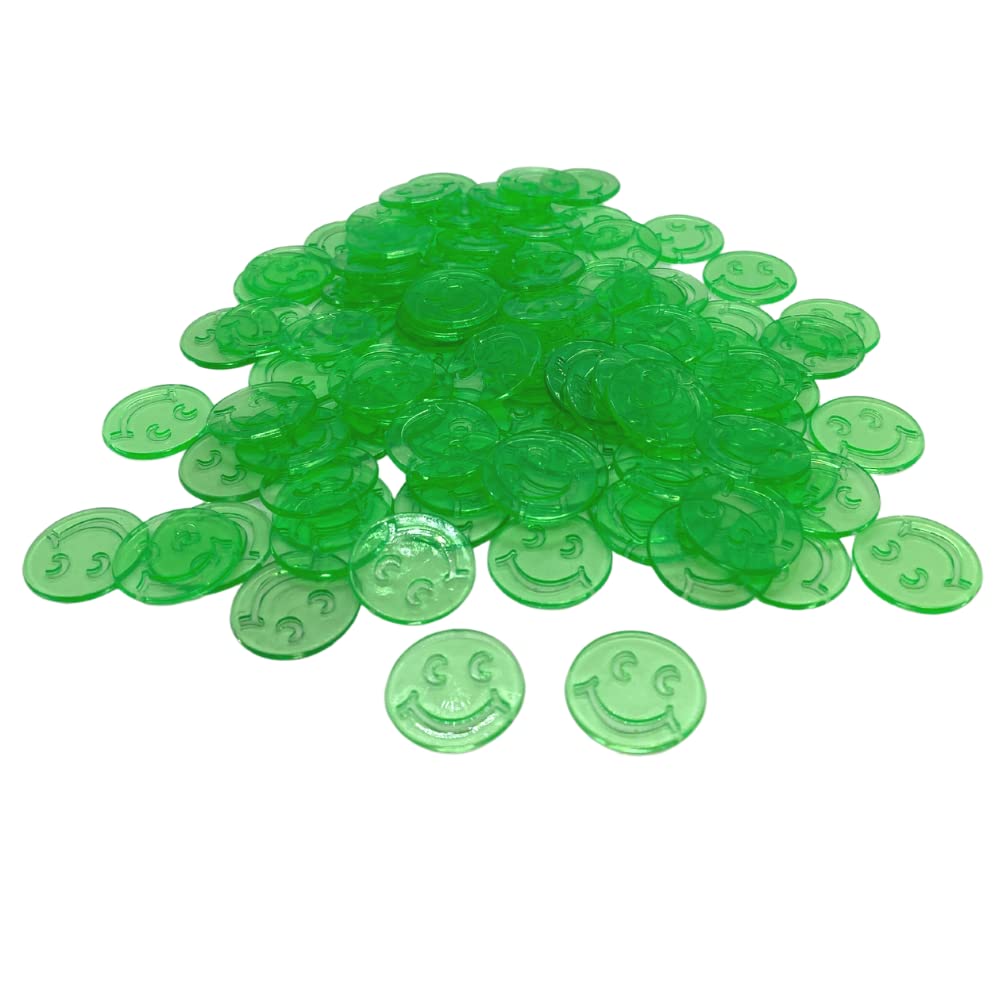 MR CHIPS Transparent Green Bingo Chips with Smiley Face - 100pcs Counting Tokens for Casino Games, Math Learning & Classroom Activities