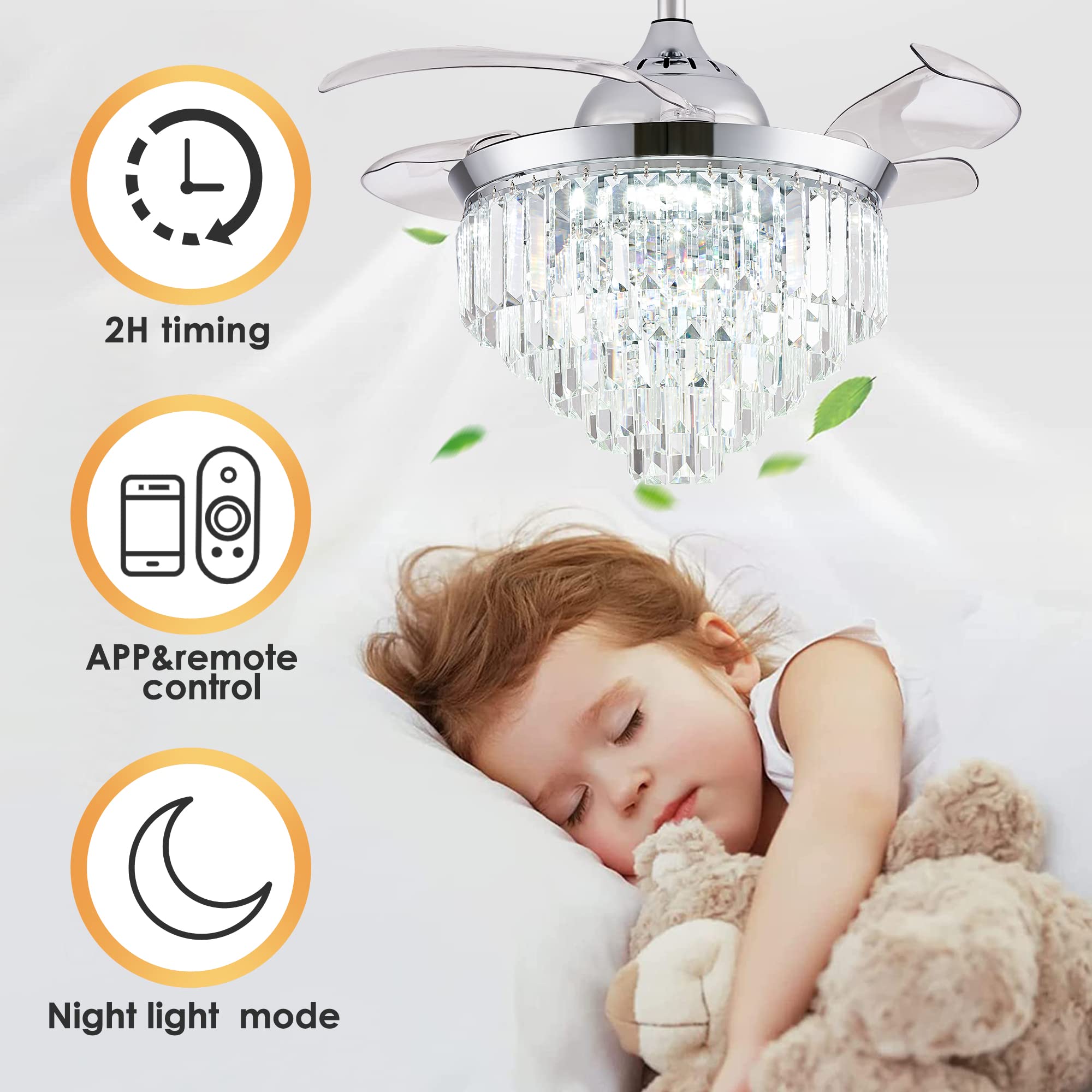 Dimmable Crystal Ceiling Fan with Light & Remote - 36