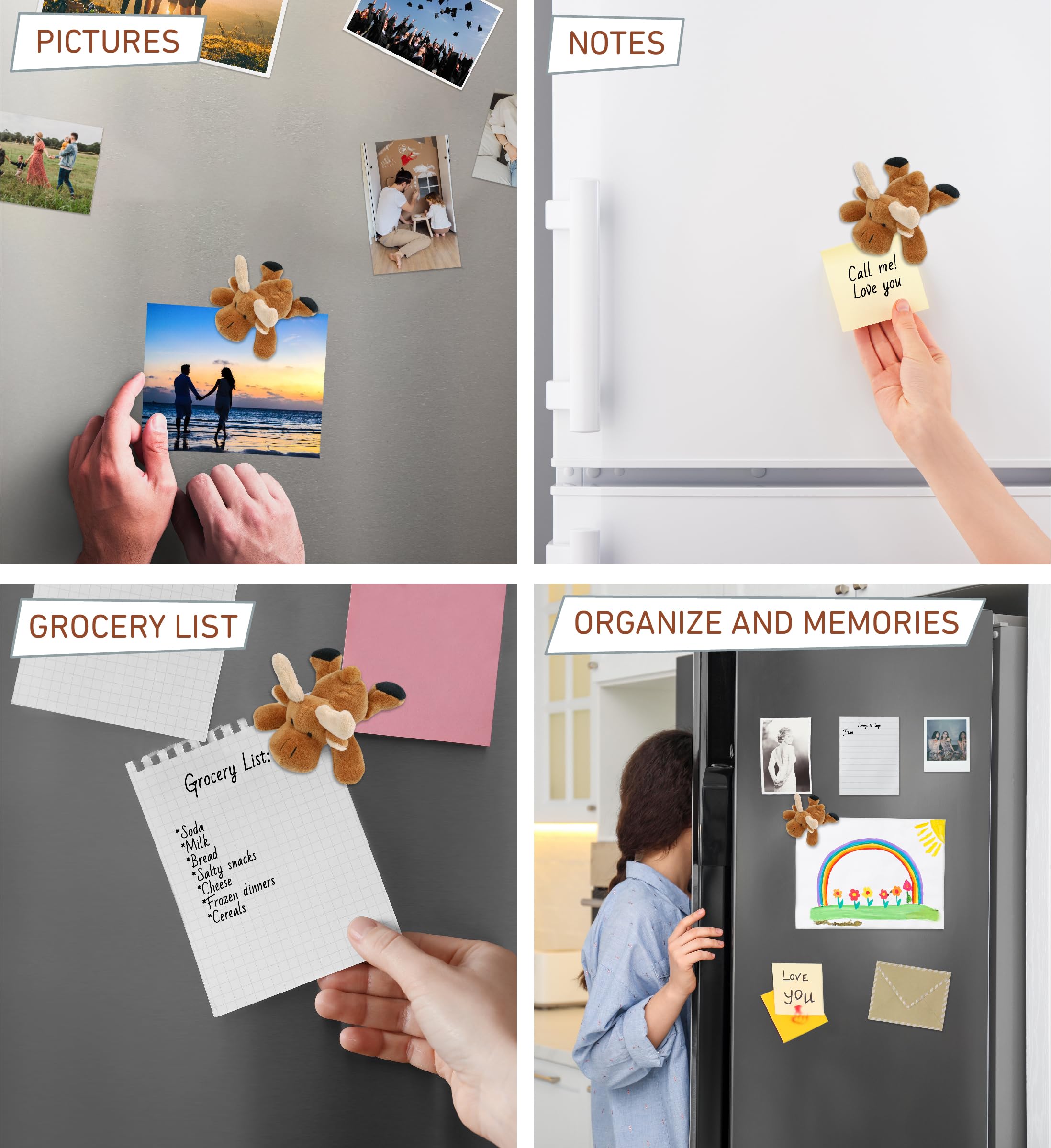 Cute Fluffy Brown Moose Plush Refrigerator Magnet - 4 Inch Adorable Elk Stuffed Animal Fridge Magnet for Kitchen, Office & Home Decor - Perfect Gift for Wildlife Lovers, Kids Room & Christmas Decoration