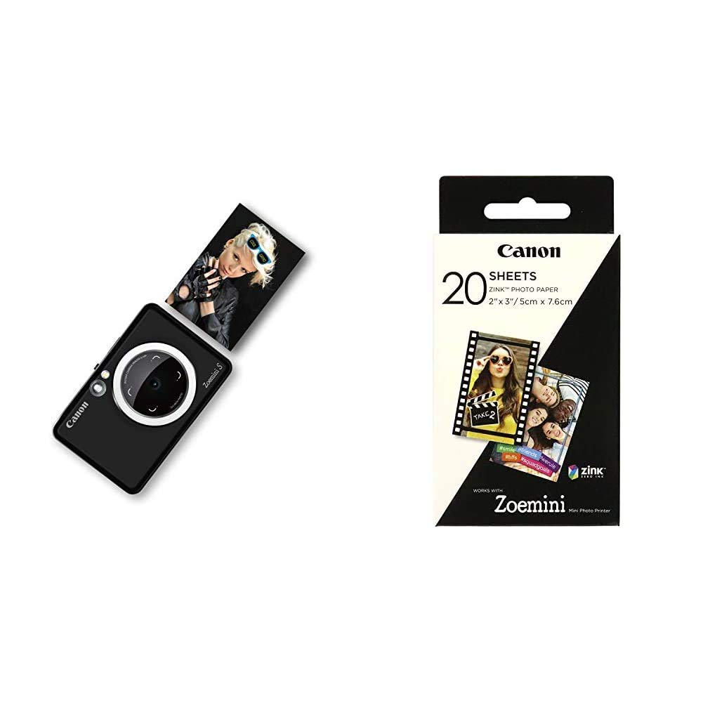 Canon Zoemini S Instant Camera Printer - Matte Black with 20 Sheets ZINK Photo Paper | Portable Photo Printing for Travel, Parties & DIY Scrapbooking