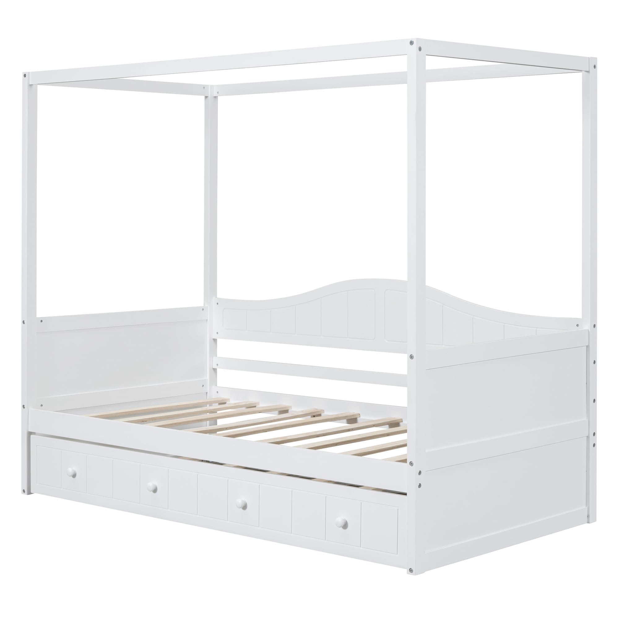Harper & Bright Designs White Wooden Twin Canopy Bed with Trundle - Daybed & Sofa Bed Frame for Kids, Teens & Adults - No Box Spring Needed - Perfect for Guest Rooms, Dormitories & Small Spaces
