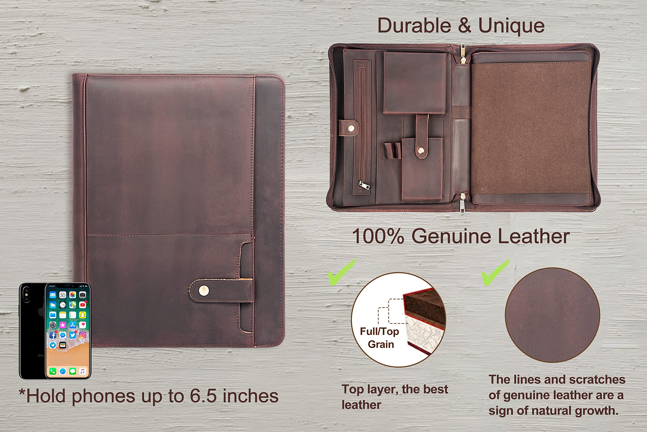 Premium Handmade Leather Portfolio for Men - Zippered Business Document Organizer with A4/Letter Size Capacity & iPad 12.9