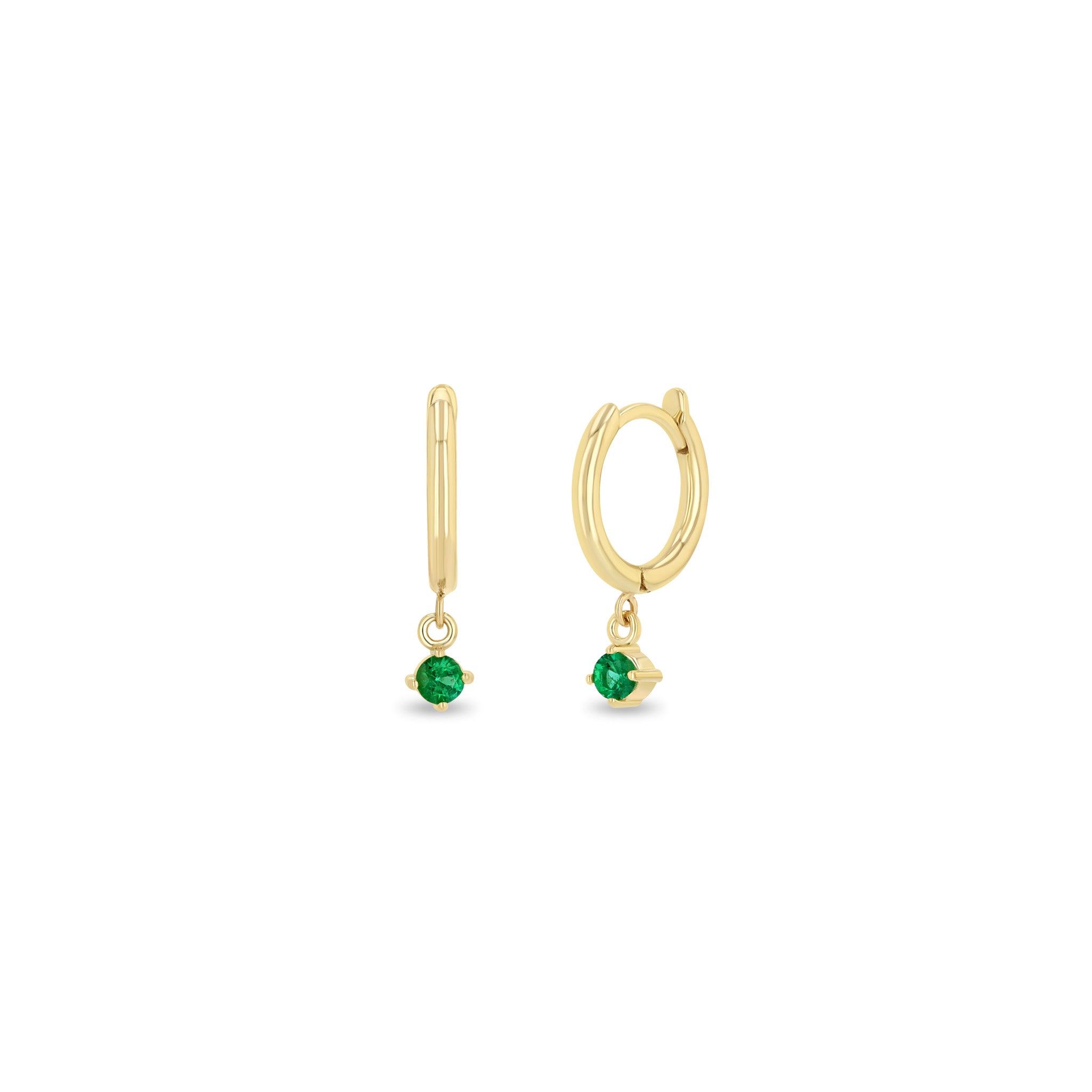 14K Gold Dangling Emerald Small Hinge Huggie Hoop Earrings for Women - Elegant Everyday Jewelry Gift for Her