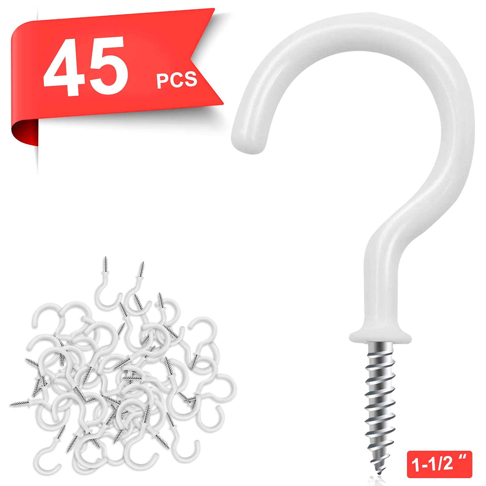 45 Pack 1-1/2 Inch White Vinyl Coated Screw Hooks - Heavy Duty Cup Hooks for Ceiling, Plants, Wind Chimes & Kitchen - Indoor/Outdoor Hanging Solution for Home, Garden & Garage Organization