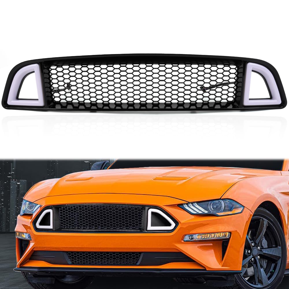 G-PLUS Mesh Front Bumper Upper Hood Grille with DRL LED Accent Lights for Ford Mustang 2015-2017 | Performance Upgrade & Custom Styling | Perfect for Car Shows & Street Racing