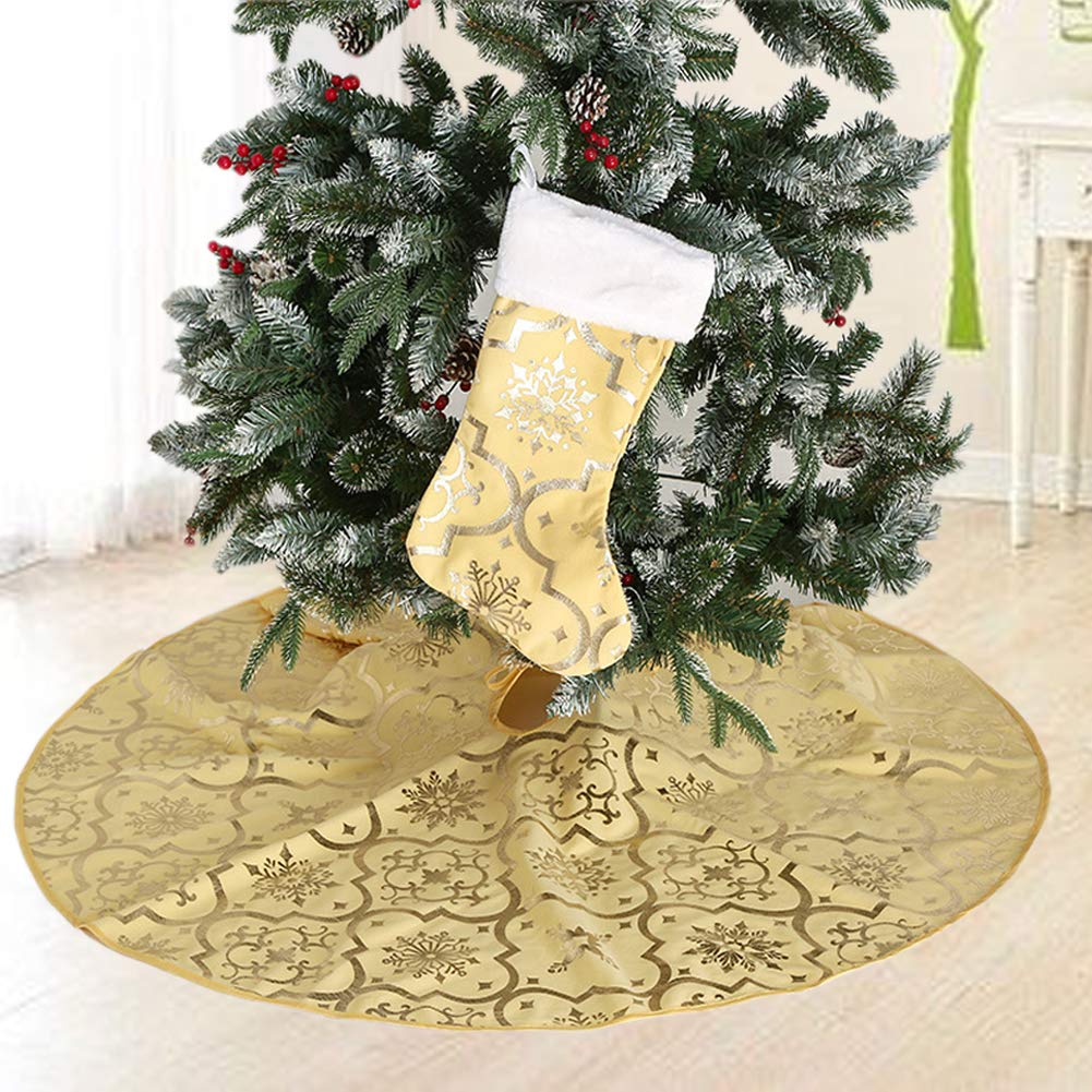 Poise3EHome 48-Inch Yellow Christmas Tree Skirt with Stockings - Holiday Decor for Halloween & Christmas | Festive Tree Base Cover for Living Room, Party & Seasonal Celebrations