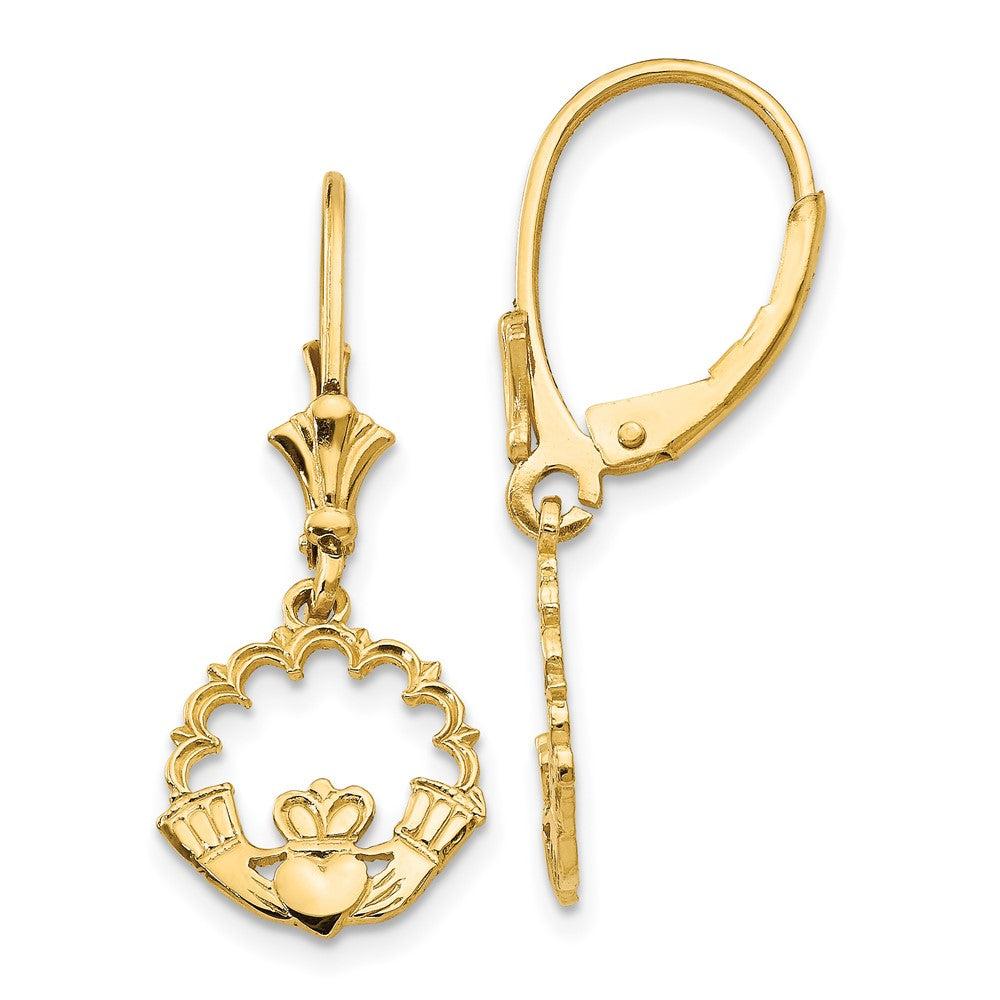 Gold Claddagh Circle Leverback Earrings Model K4525 - Irish Symbol Jewelry for Women, Perfect for Weddings, Anniversaries & St. Patrick's Day Gifts