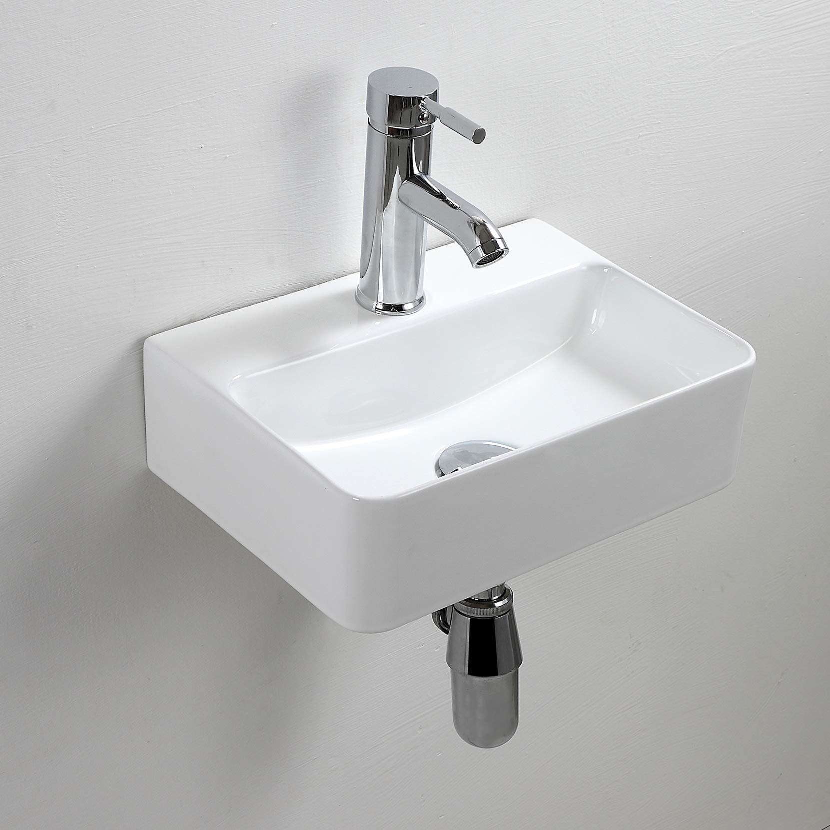 Wall Mounted Ceramic Bathroom Sink - Small Rectangular Cloakroom Basin with Right-Hand Drain (Includes Faucet & Drain Set) - Perfect for Powder Rooms, Guest Bathrooms & Compact Spaces