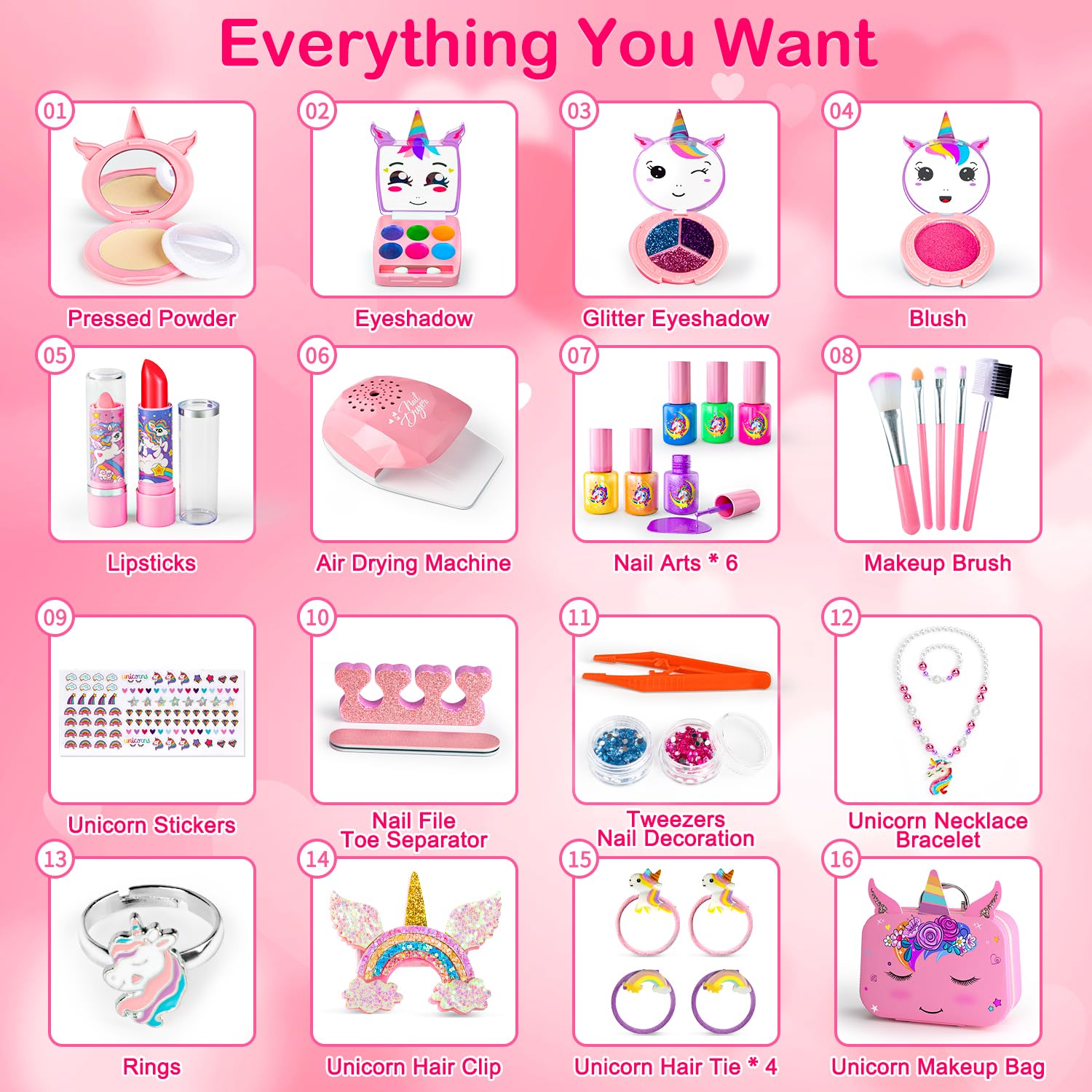Unicorn Kids Makeup Kit for Girls Ages 3-12 - 2 in 1 Washable Play Makeup & Nail Art Set with Cosmetic Case | Safe Non-Toxic Pretend Play Cosmetics | Perfect Birthday Christmas Gift for Toddlers & Little Girls | Great for Dress-Up, Role Play & Party Fun